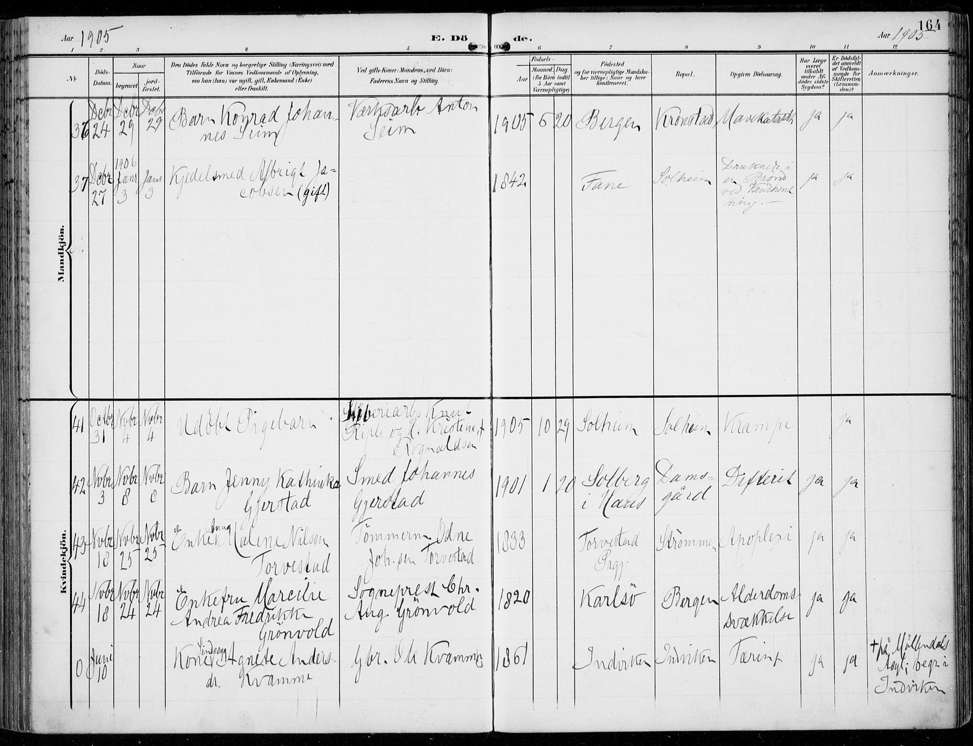 Årstad Sokneprestembete, AV/SAB-A-79301/H/Haa/L0009: Parish register (official) no. C 1, 1902-1918, p. 164