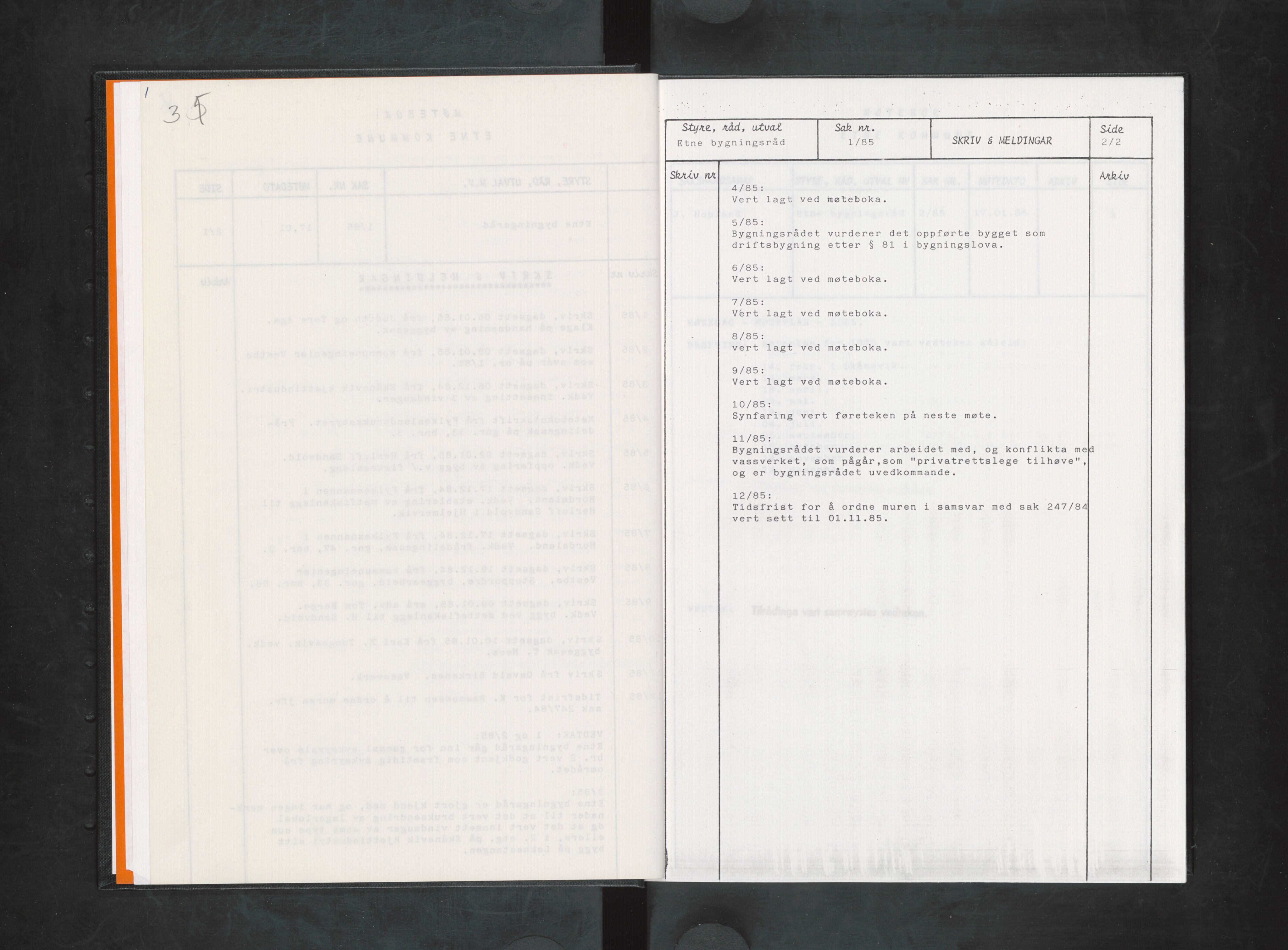 Etne kommune. Bygningsrådet, IKAH/1211-511/A/Aa/L0033: Møtebok Etne bygningsråd I, 1985