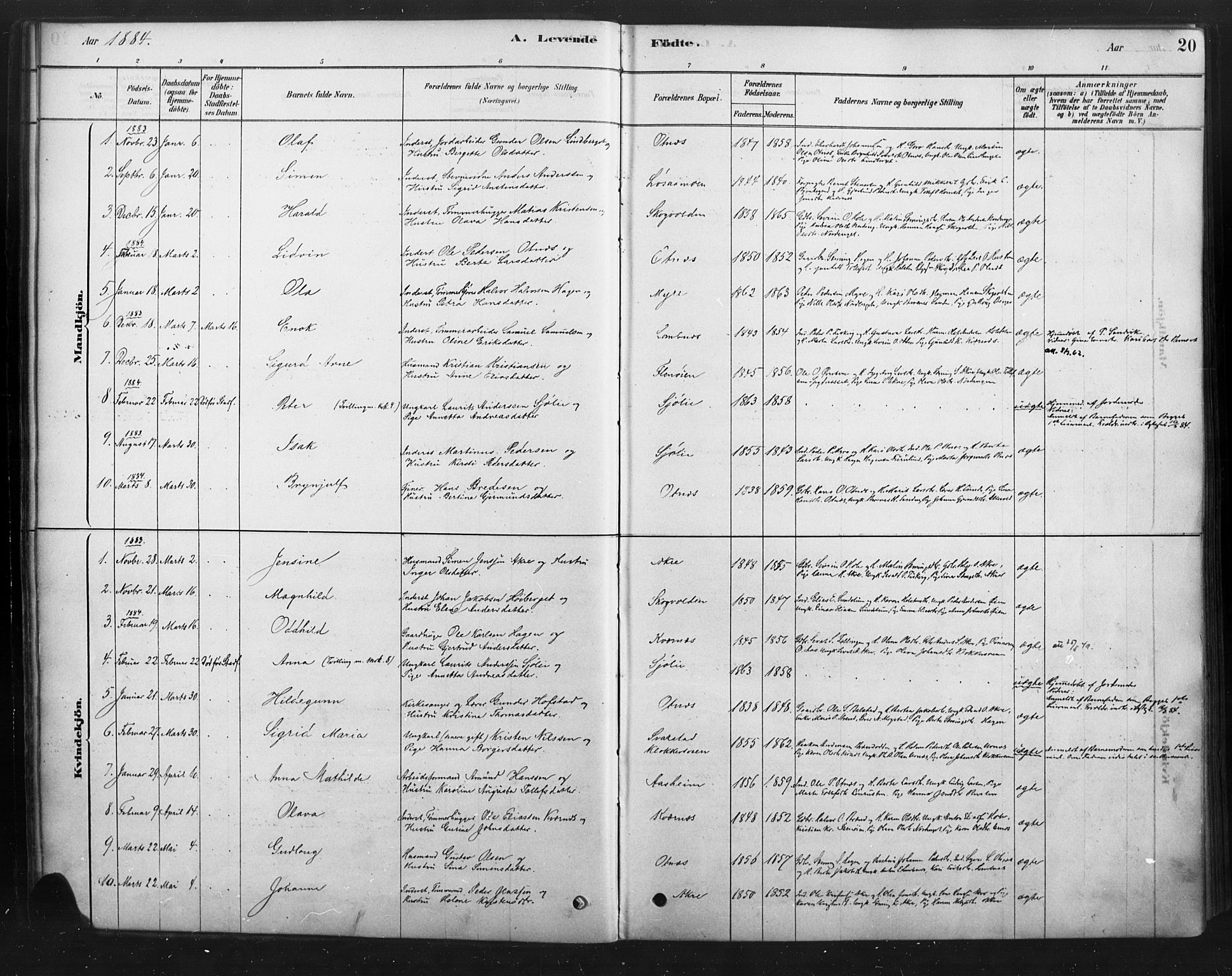 Rendalen prestekontor, SAH/PREST-054/H/Ha/Haa/L0010: Parish register (official) no. 10, 1878-1901, p. 20