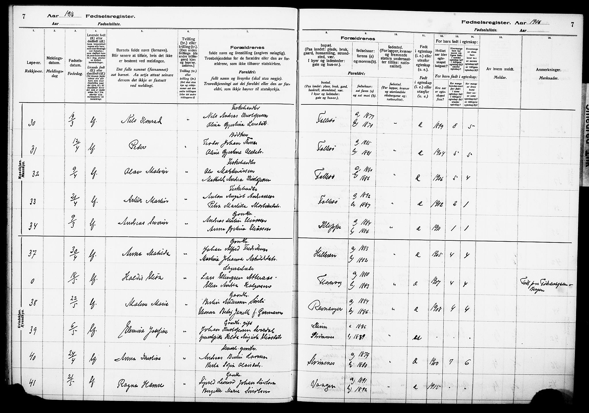 Askøy Sokneprestembete, AV/SAB-A-74101/I/Id/L00A1: Birth register no. A 1, 1916-1928, p. 7