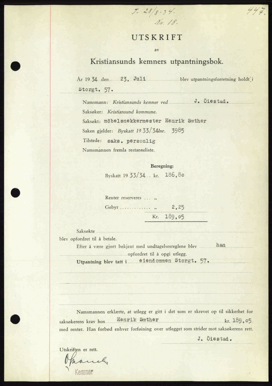 Kristiansund byfogd, AV/SAT-A-4587/A/27: Mortgage book no. 27, 1933-1934, Deed date: 28.08.1934