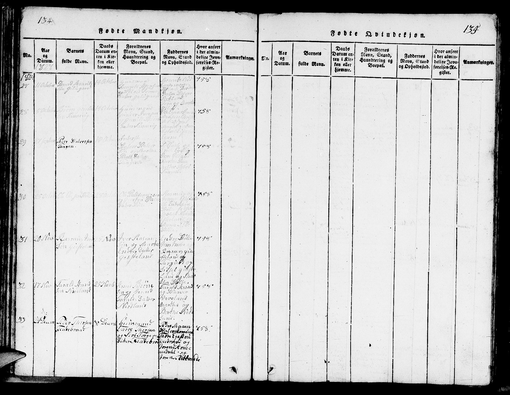 Strand sokneprestkontor, AV/SAST-A-101828/H/Ha/Hab/L0002: Parish register (copy) no. B 2, 1816-1854, p. 134-135