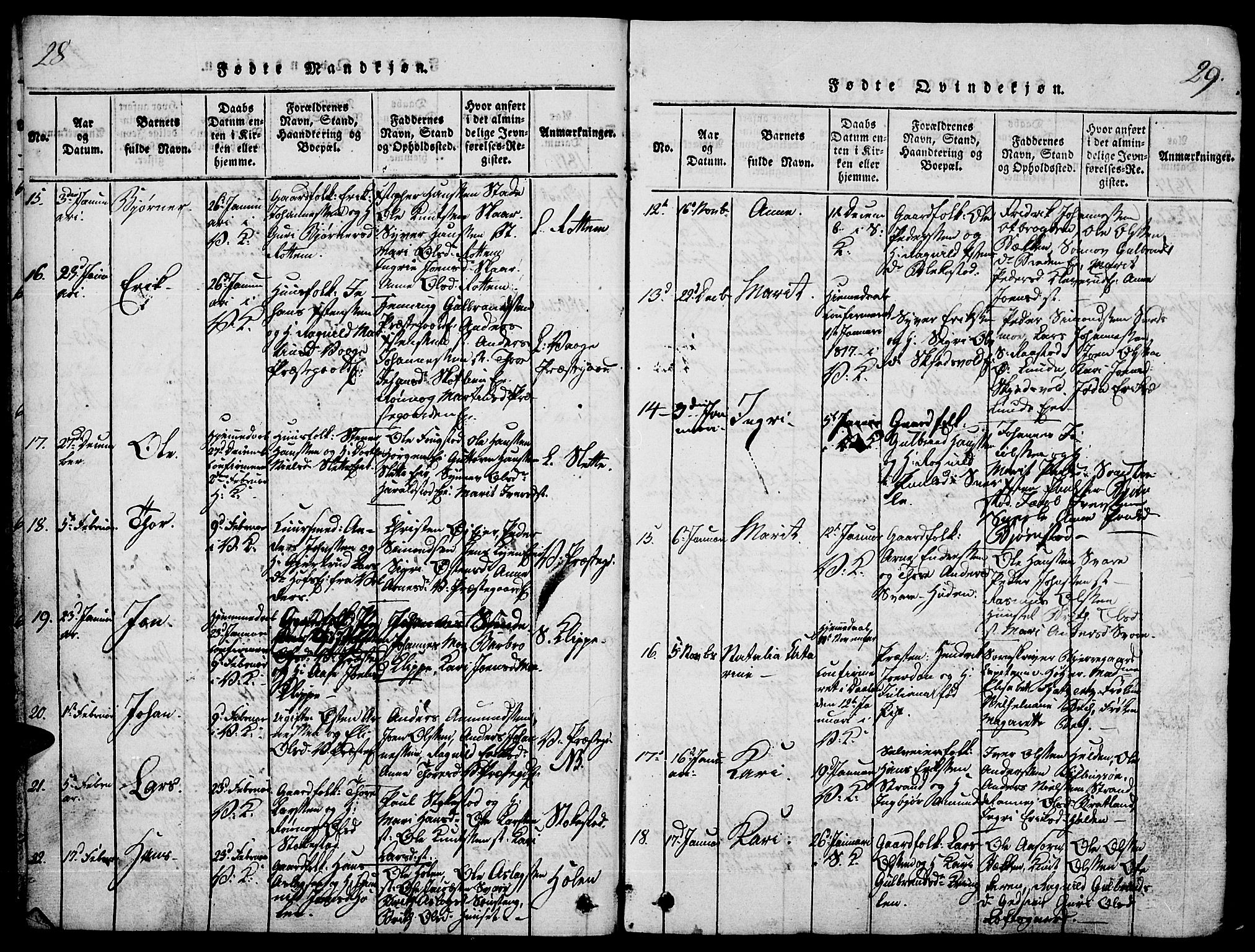 Vågå prestekontor, SAH/PREST-076/H/Ha/Haa/L0003: Parish register (official) no. 3, 1815-1827, p. 28-29