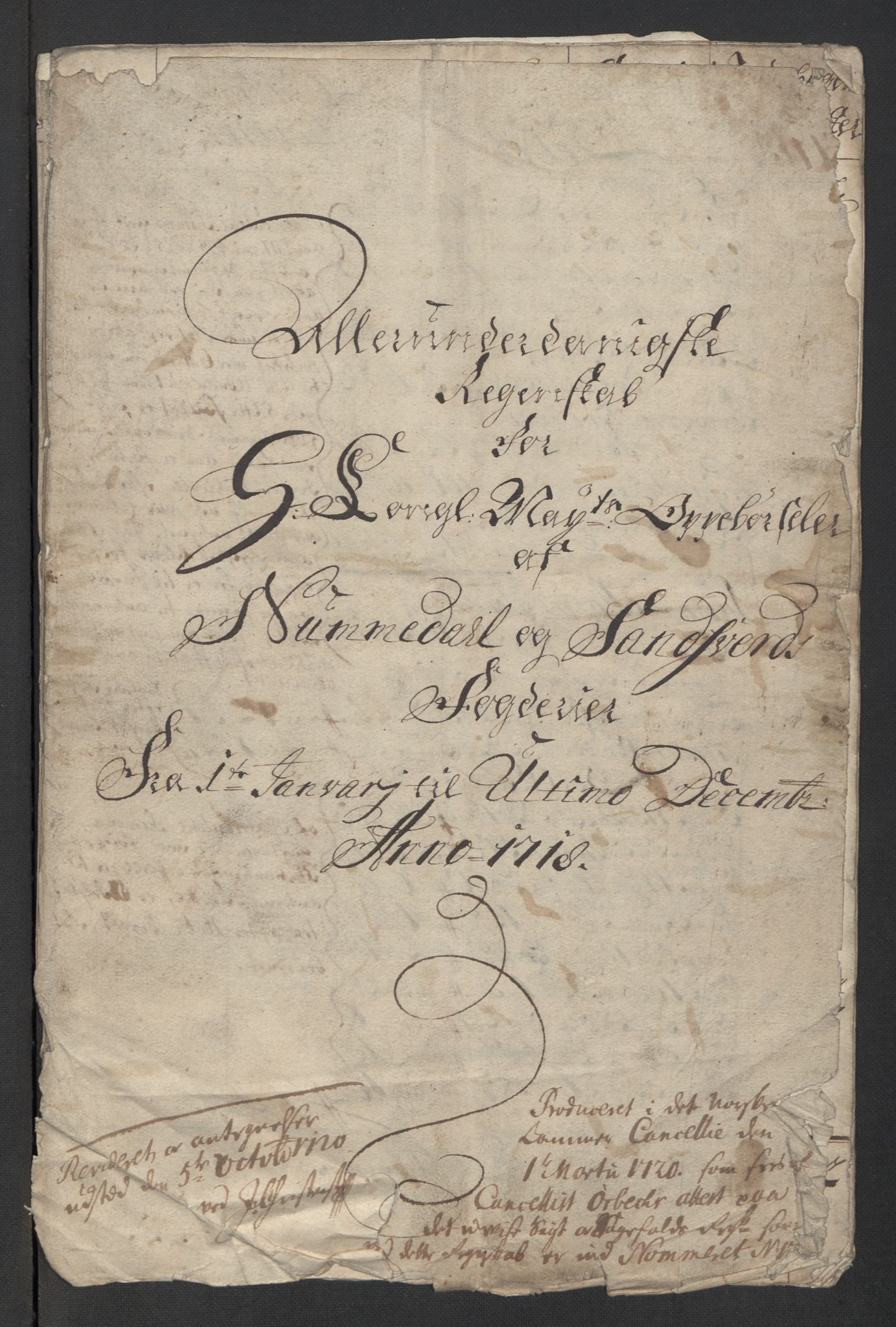 Rentekammeret inntil 1814, Reviderte regnskaper, Fogderegnskap, AV/RA-EA-4092/R24/L1594: Fogderegnskap Numedal og Sandsvær, 1718, p. 3