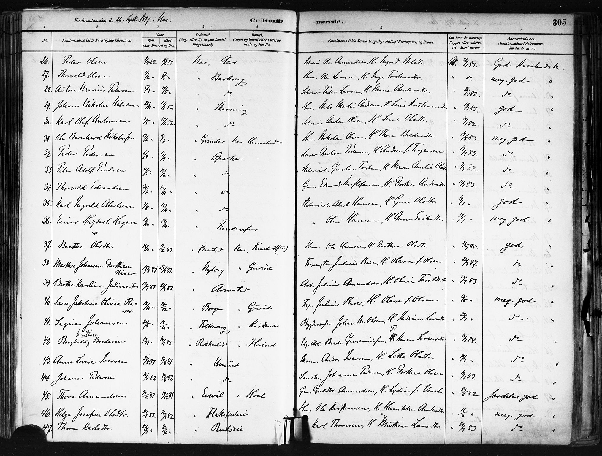 Nes prestekontor Kirkebøker, AV/SAO-A-10410/F/Fa/L0010: Parish register (official) no. I 10, 1883-1898, p. 305