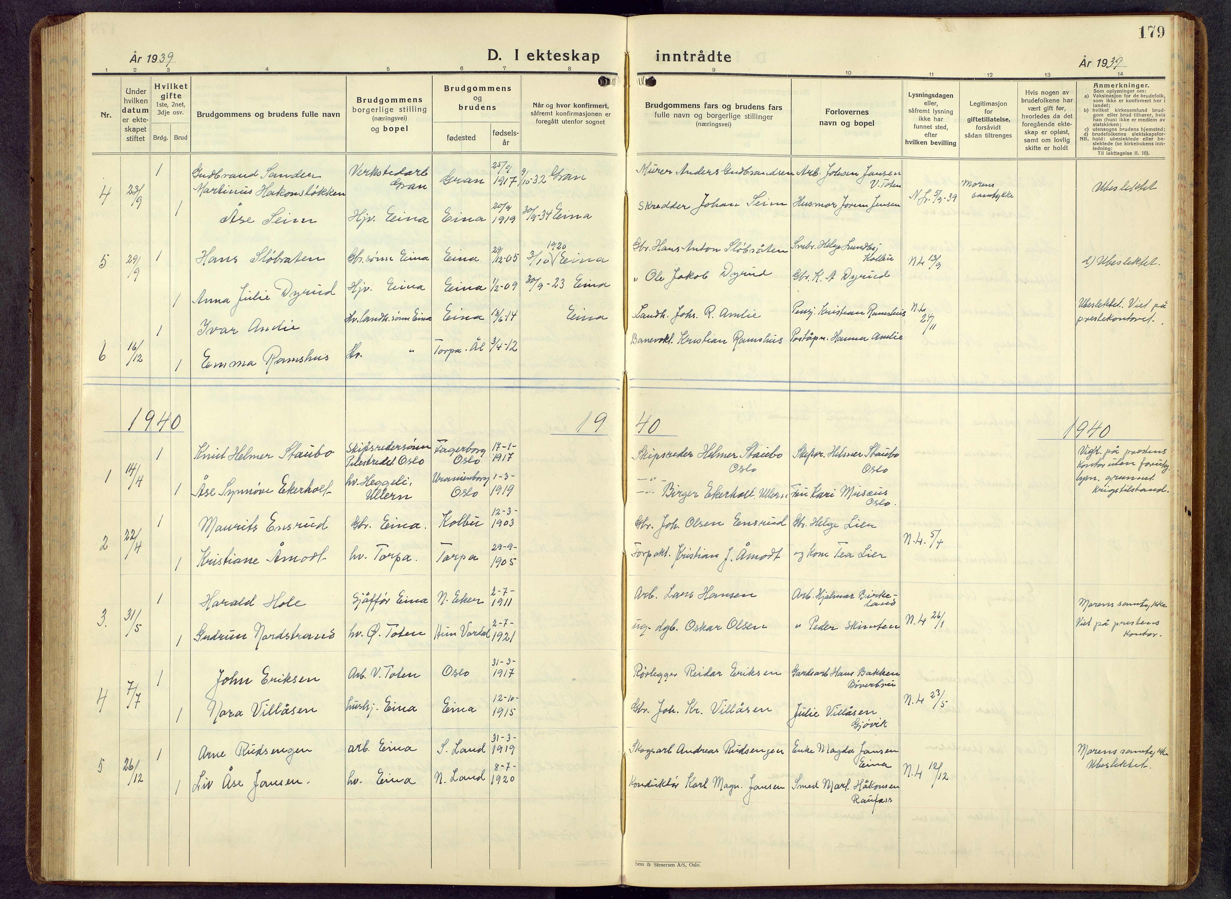 Kolbu prestekontor, SAH/PREST-110/H/Ha/Hab/L0003: Parish register (copy) no. 3, 1935-1966, p. 179