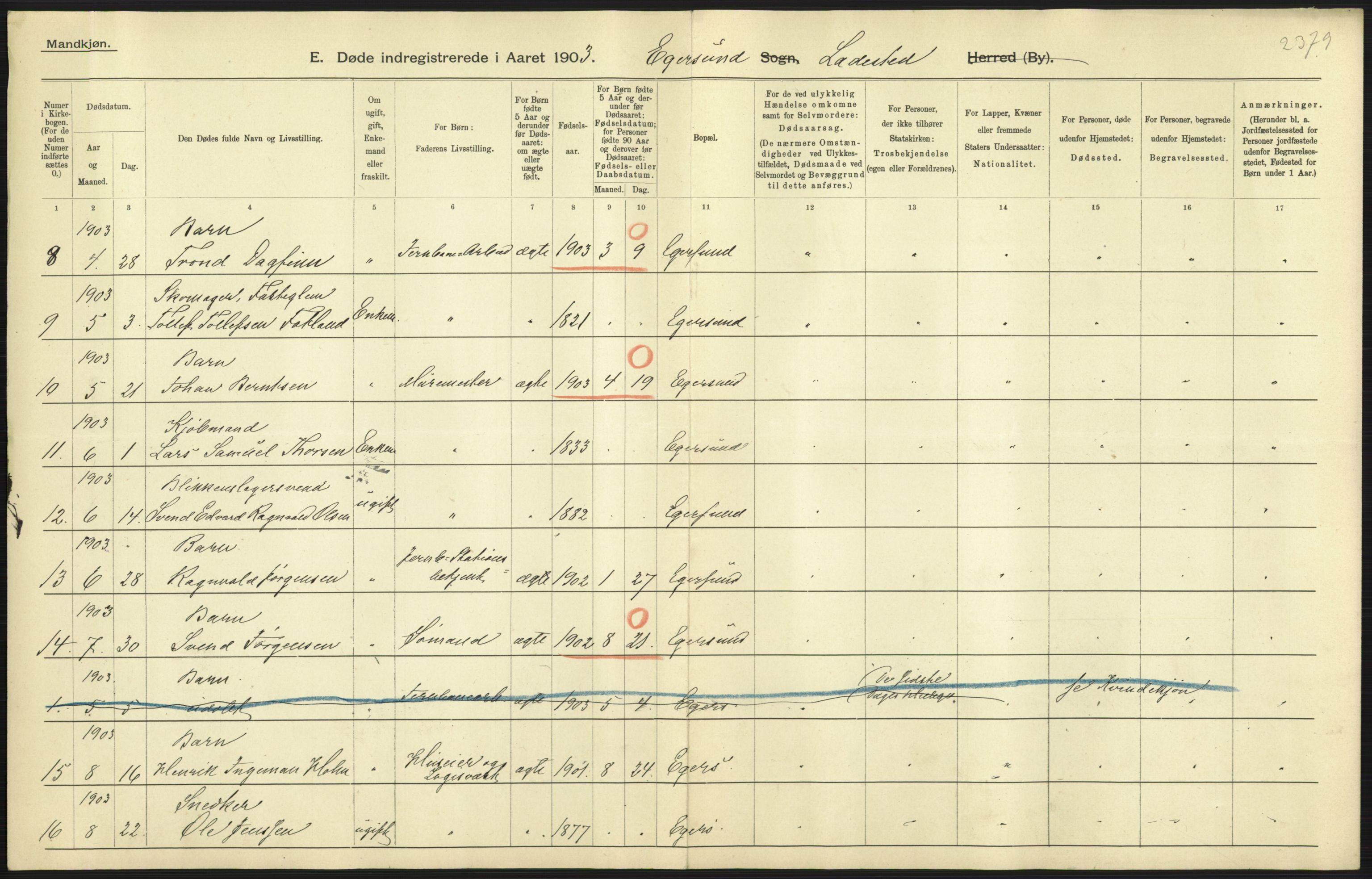 Statistisk sentralbyrå, Sosiodemografiske emner, Befolkning, AV/RA-S-2228/D/Df/Dfa/Dfaa/L0012: Stavanger amt: Fødte, gifte, døde, 1903, p. 823