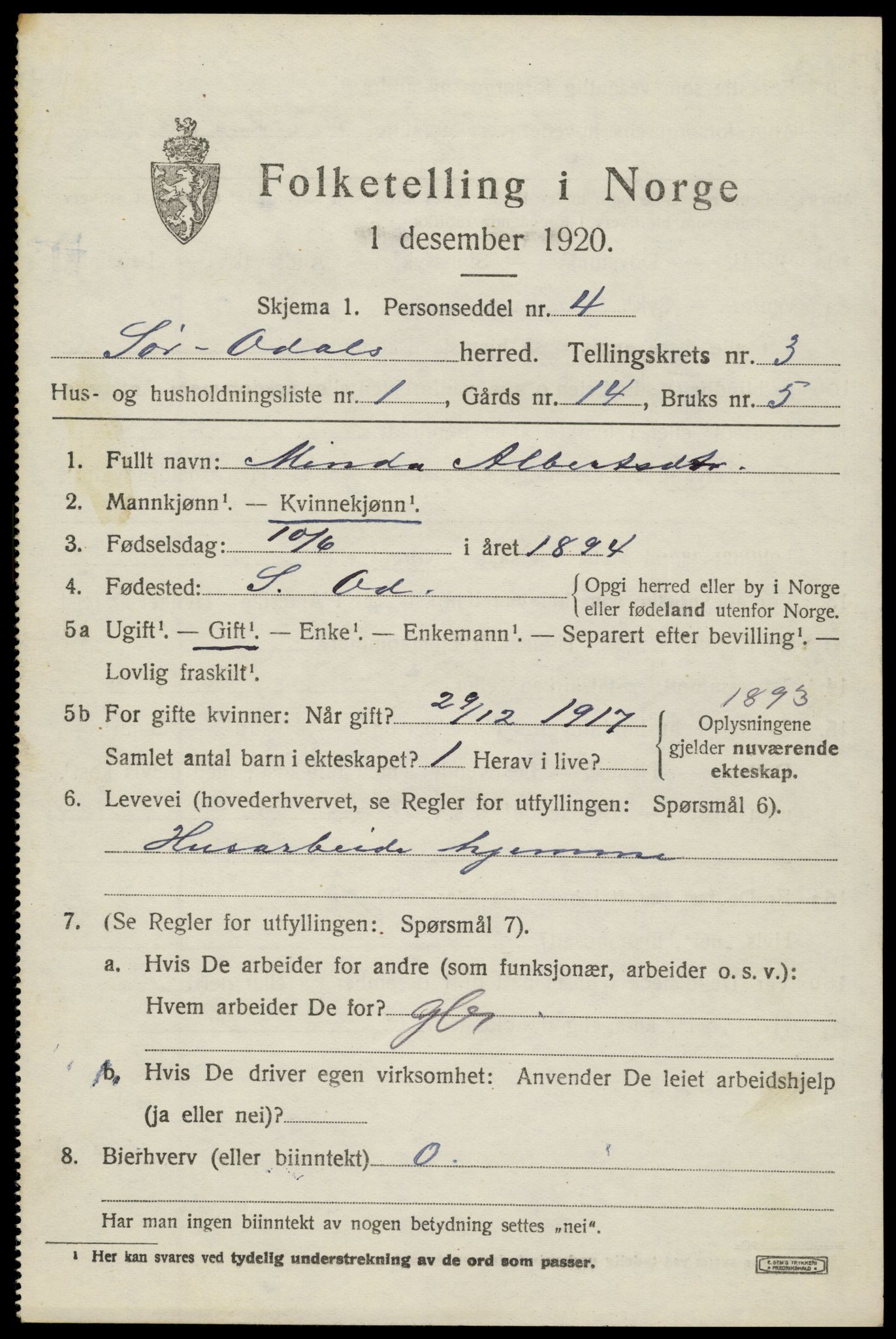 SAH, 1920 census for Sør-Odal, 1920, p. 4249