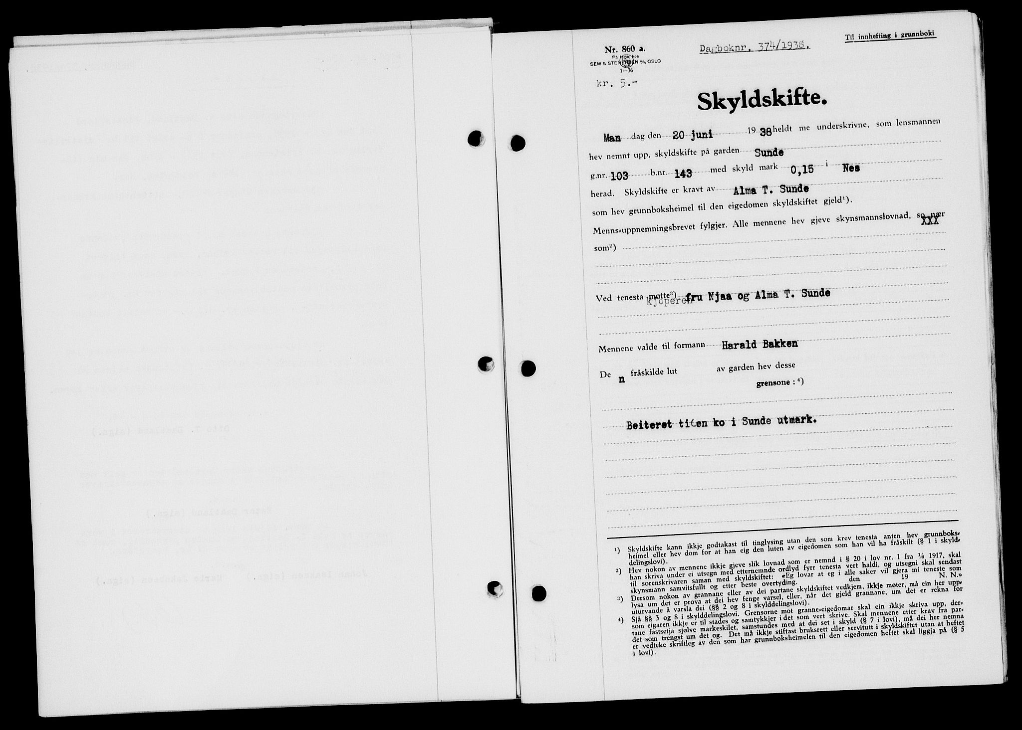 Flekkefjord sorenskriveri, SAK/1221-0001/G/Gb/Gba/L0054: Mortgage book no. A-2, 1937-1938, Diary no: : 374/1938