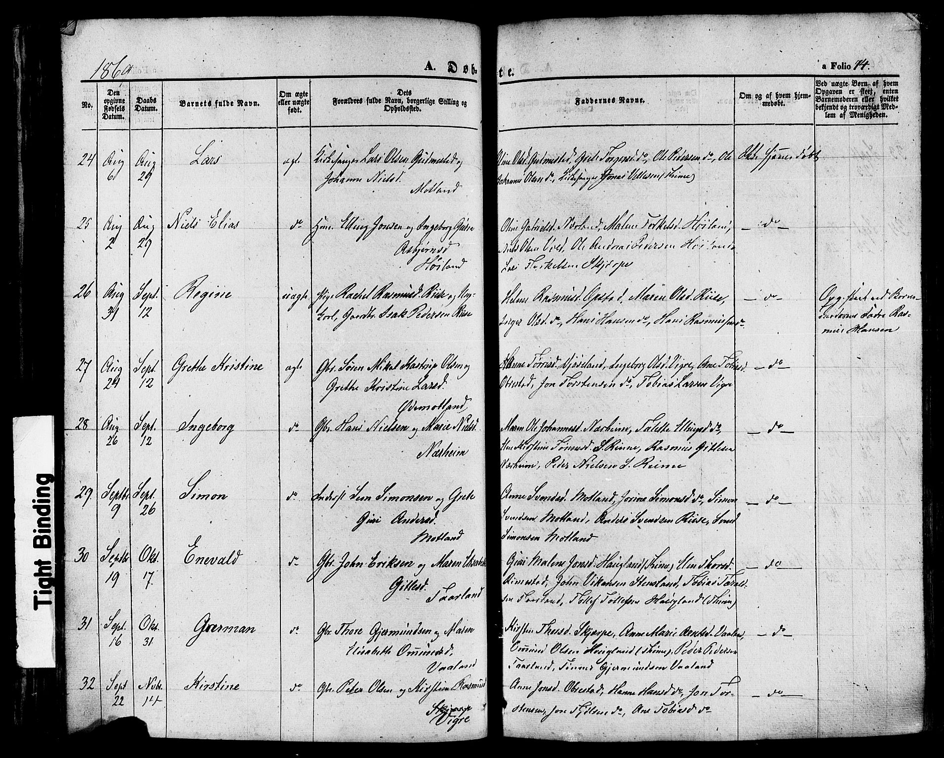 Hå sokneprestkontor, AV/SAST-A-101801/001/30BA/L0008: Parish register (official) no. A 7, 1853-1878, p. 74