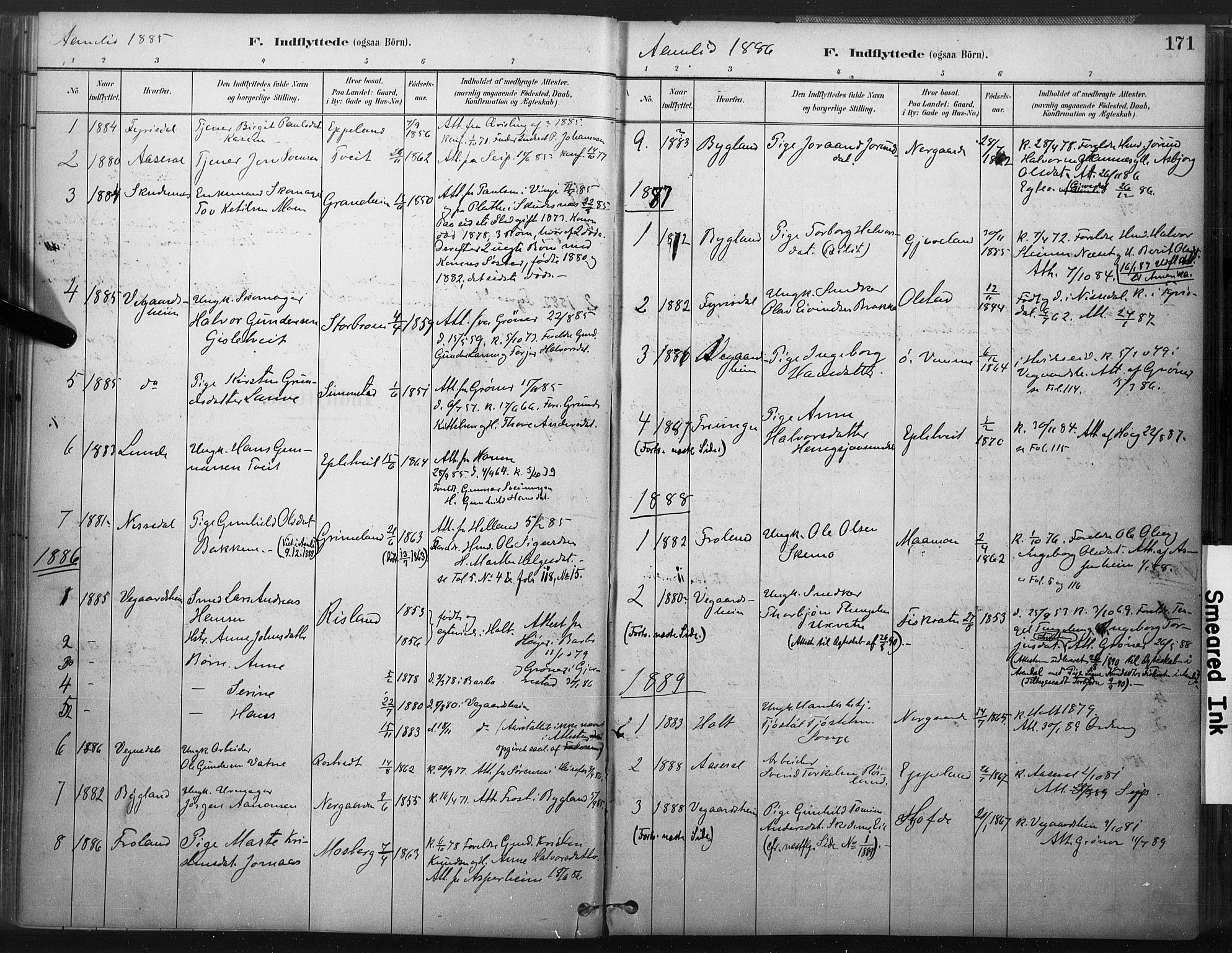 Åmli sokneprestkontor, SAK/1111-0050/F/Fa/Fac/L0010: Parish register (official) no. A 10 /1, 1885-1899, p. 171