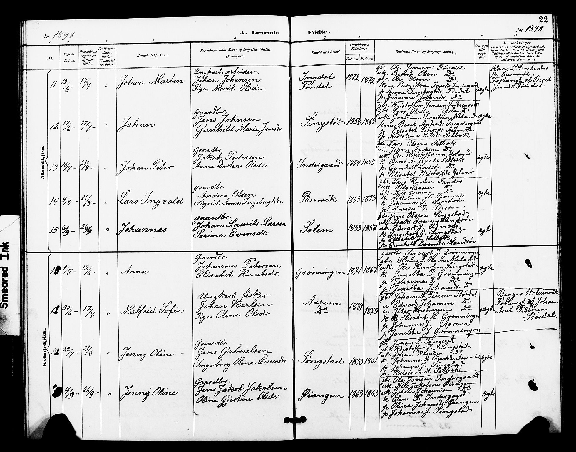 Ministerialprotokoller, klokkerbøker og fødselsregistre - Sør-Trøndelag, AV/SAT-A-1456/663/L0762: Parish register (copy) no. 663C02, 1894-1899, p. 22