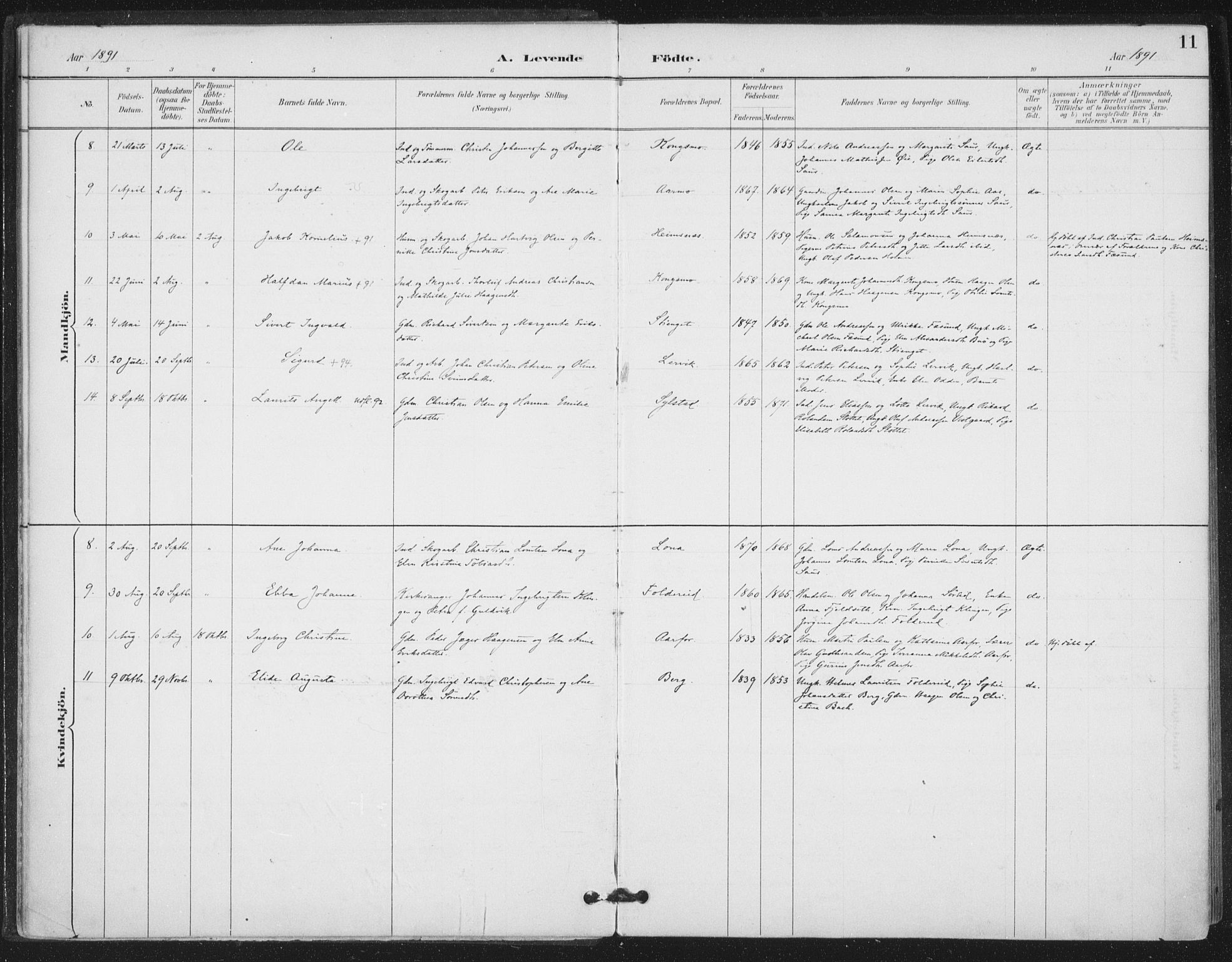 Ministerialprotokoller, klokkerbøker og fødselsregistre - Nord-Trøndelag, SAT/A-1458/783/L0660: Parish register (official) no. 783A02, 1886-1918, p. 11