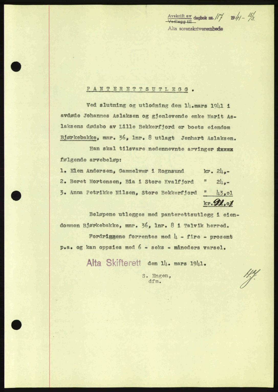 Alta fogderi/sorenskriveri, SATØ/SATØ-5/1/K/Kd/L0033pantebok: Mortgage book no. 33, 1940-1943, Diary no: : 117/1941