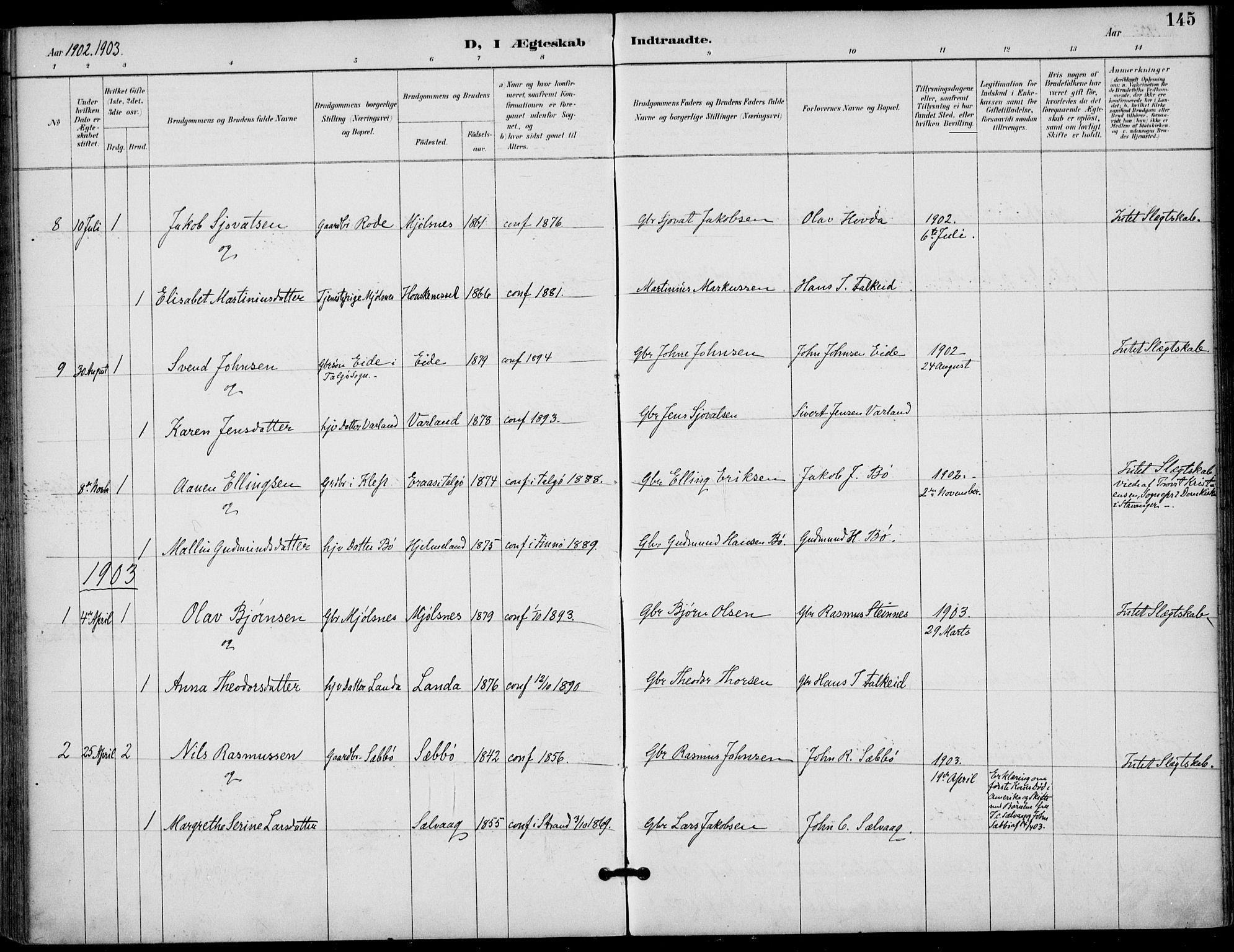 Finnøy sokneprestkontor, SAST/A-101825/H/Ha/Haa/L0011: Parish register (official) no. A 11, 1891-1910, p. 145
