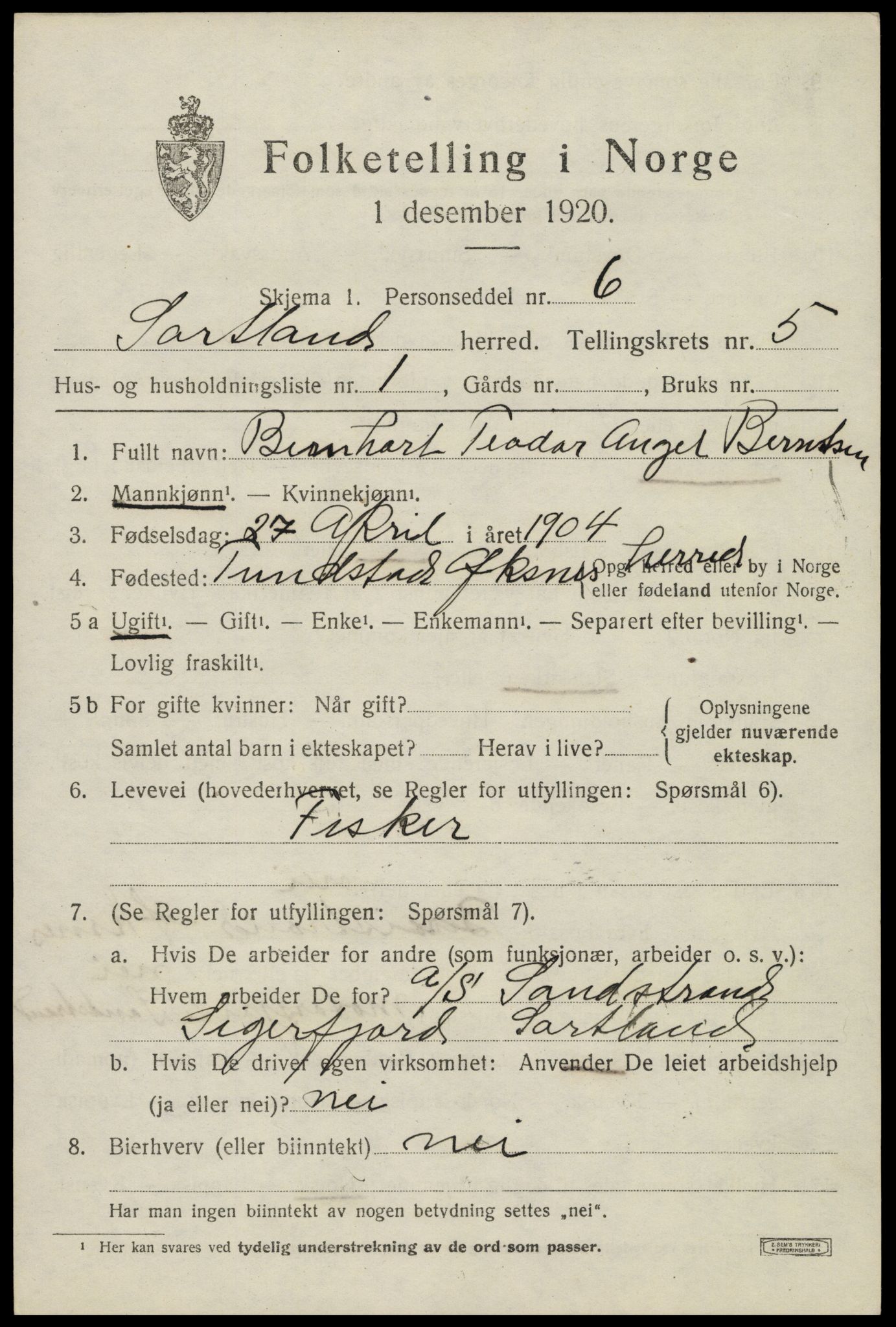 SAT, 1920 census for Sortland, 1920, p. 5482