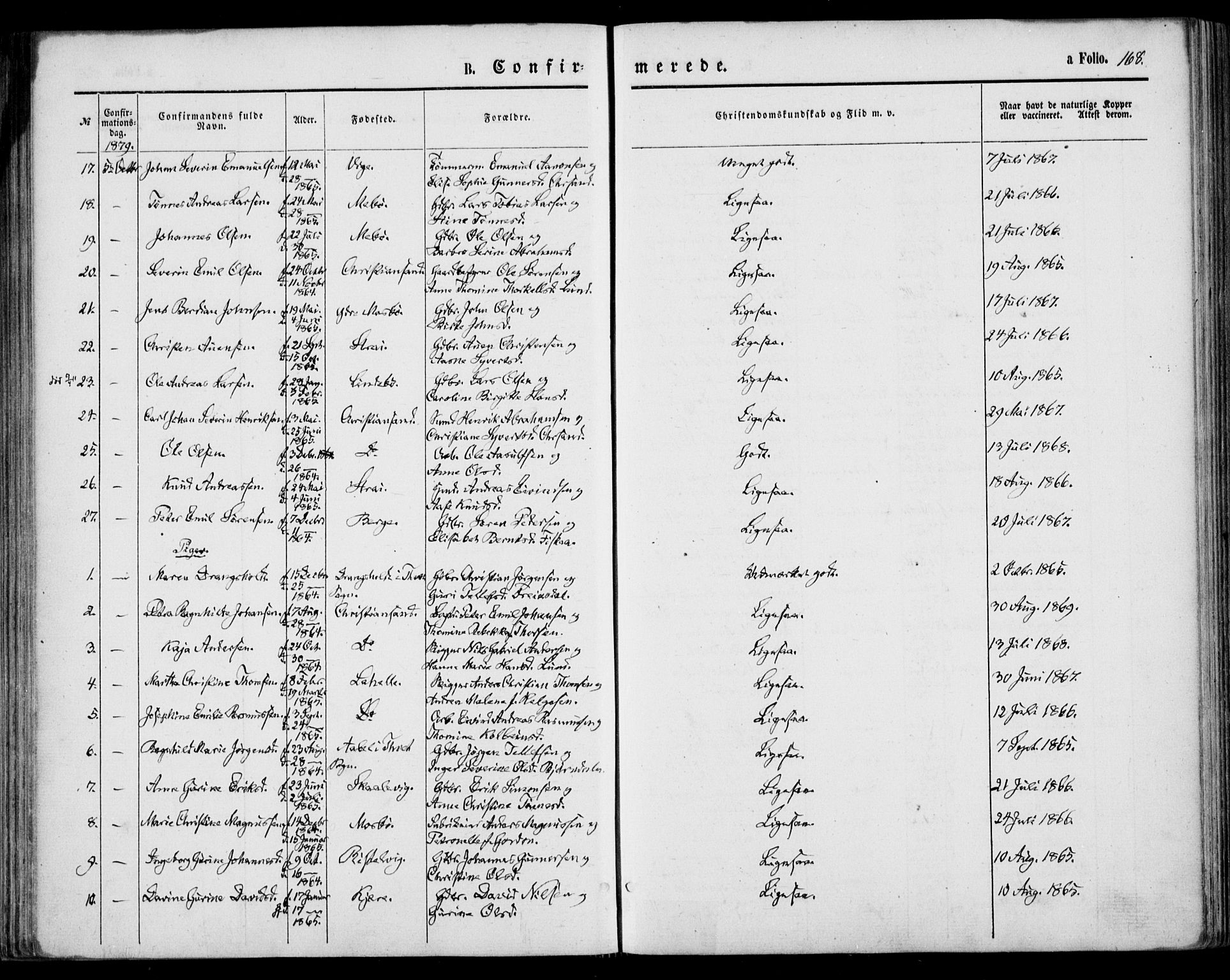 Oddernes sokneprestkontor, AV/SAK-1111-0033/F/Fa/Faa/L0008: Parish register (official) no. A 8, 1864-1880, p. 168