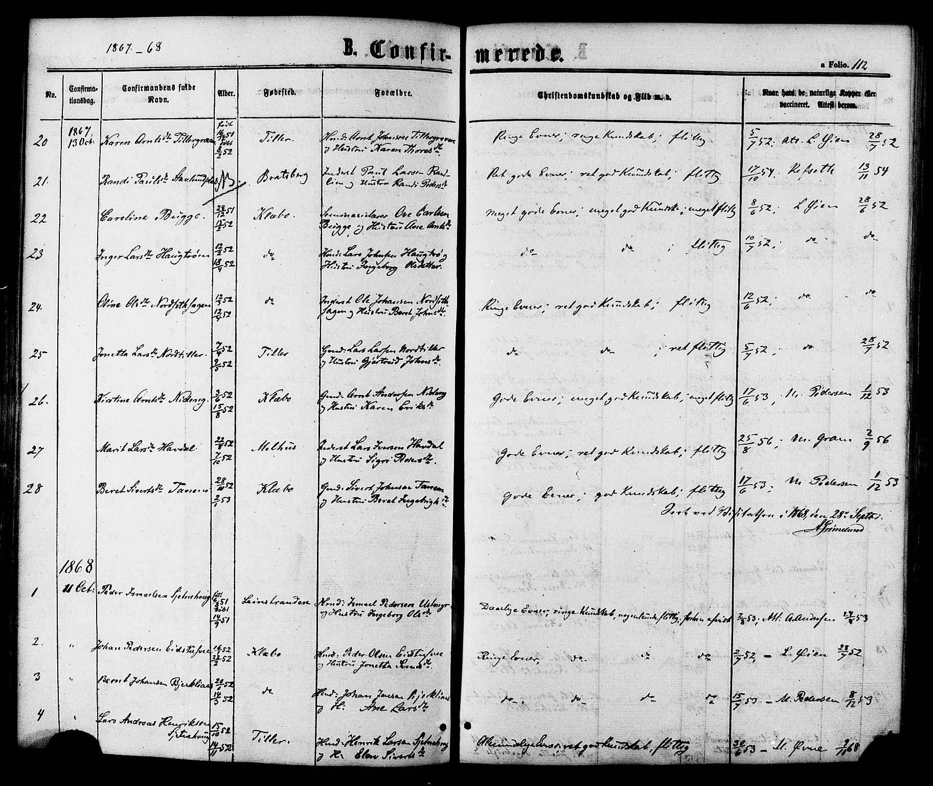 Ministerialprotokoller, klokkerbøker og fødselsregistre - Sør-Trøndelag, SAT/A-1456/618/L0442: Parish register (official) no. 618A06 /1, 1863-1879, p. 112