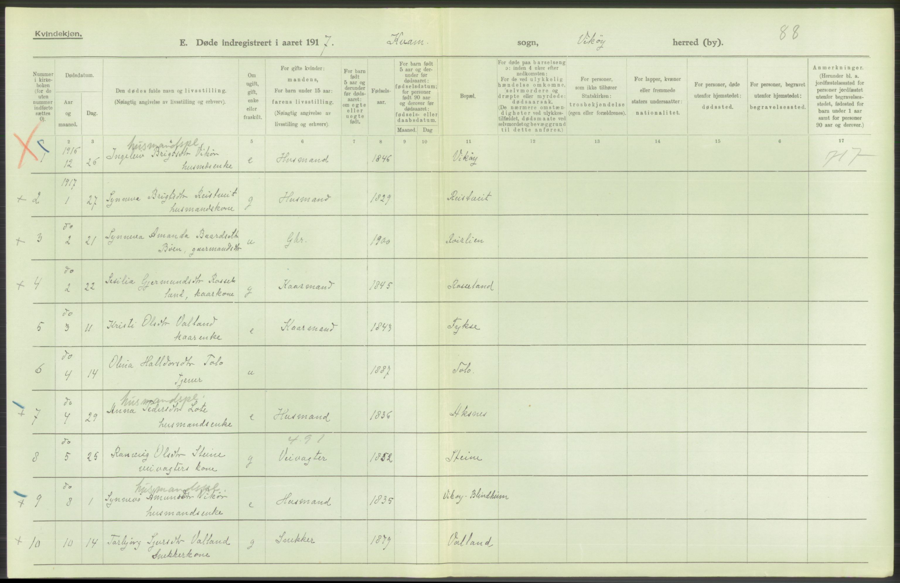 Statistisk sentralbyrå, Sosiodemografiske emner, Befolkning, RA/S-2228/D/Df/Dfb/Dfbg/L0036: S. Bergenhus amt: Døde, dødfødte. Bygder., 1917, p. 454