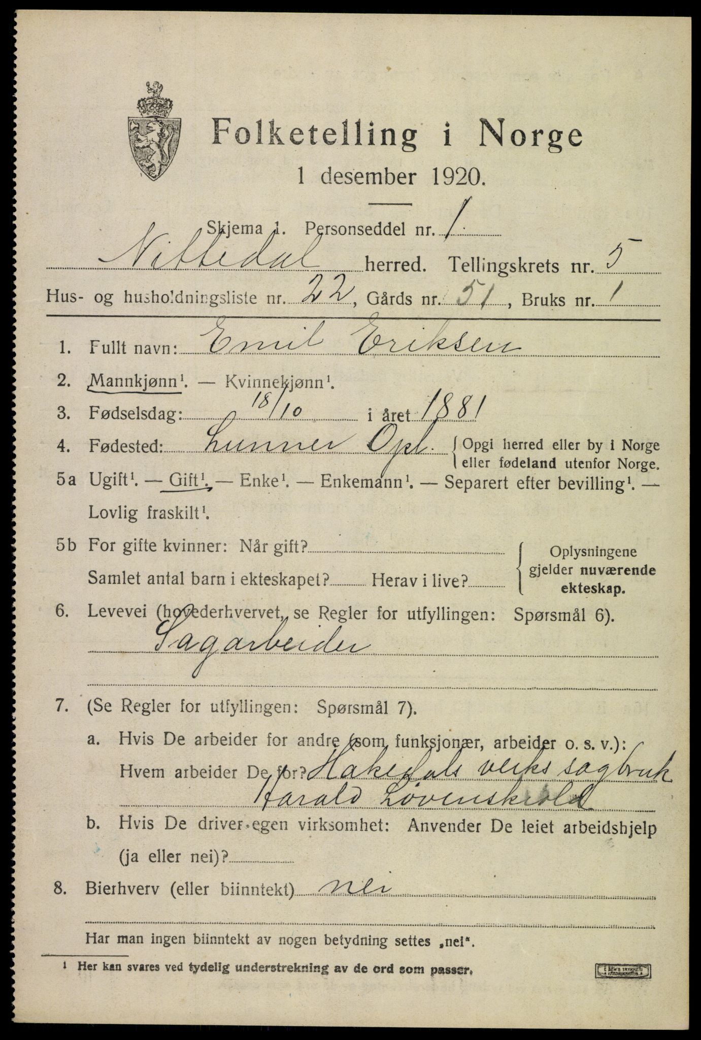 SAO, 1920 census for Nittedal, 1920, p. 6716