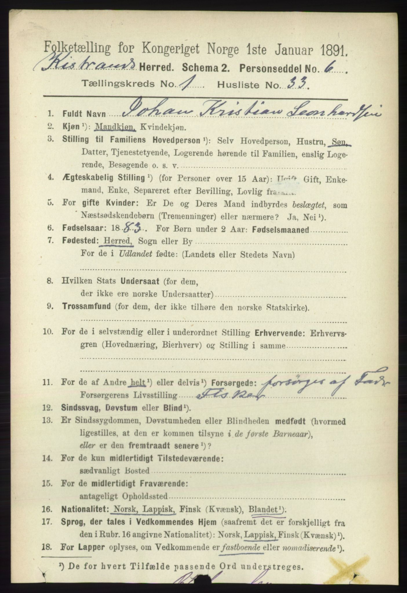 RA, 1891 census for 2020 Kistrand, 1891, p. 286