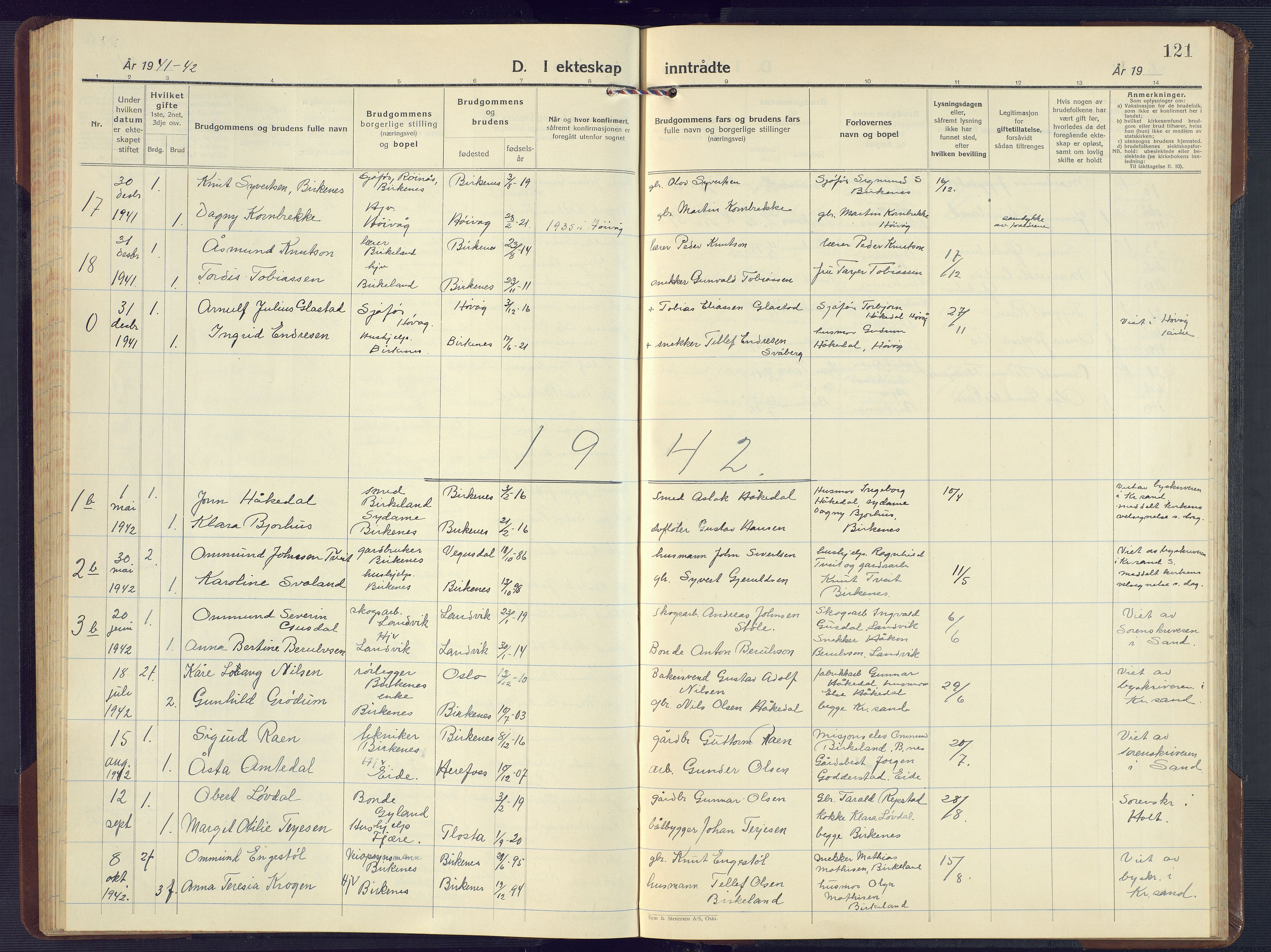 Birkenes sokneprestkontor, SAK/1111-0004/F/Fb/L0005: Parish register (copy) no. B 5, 1930-1957, p. 121