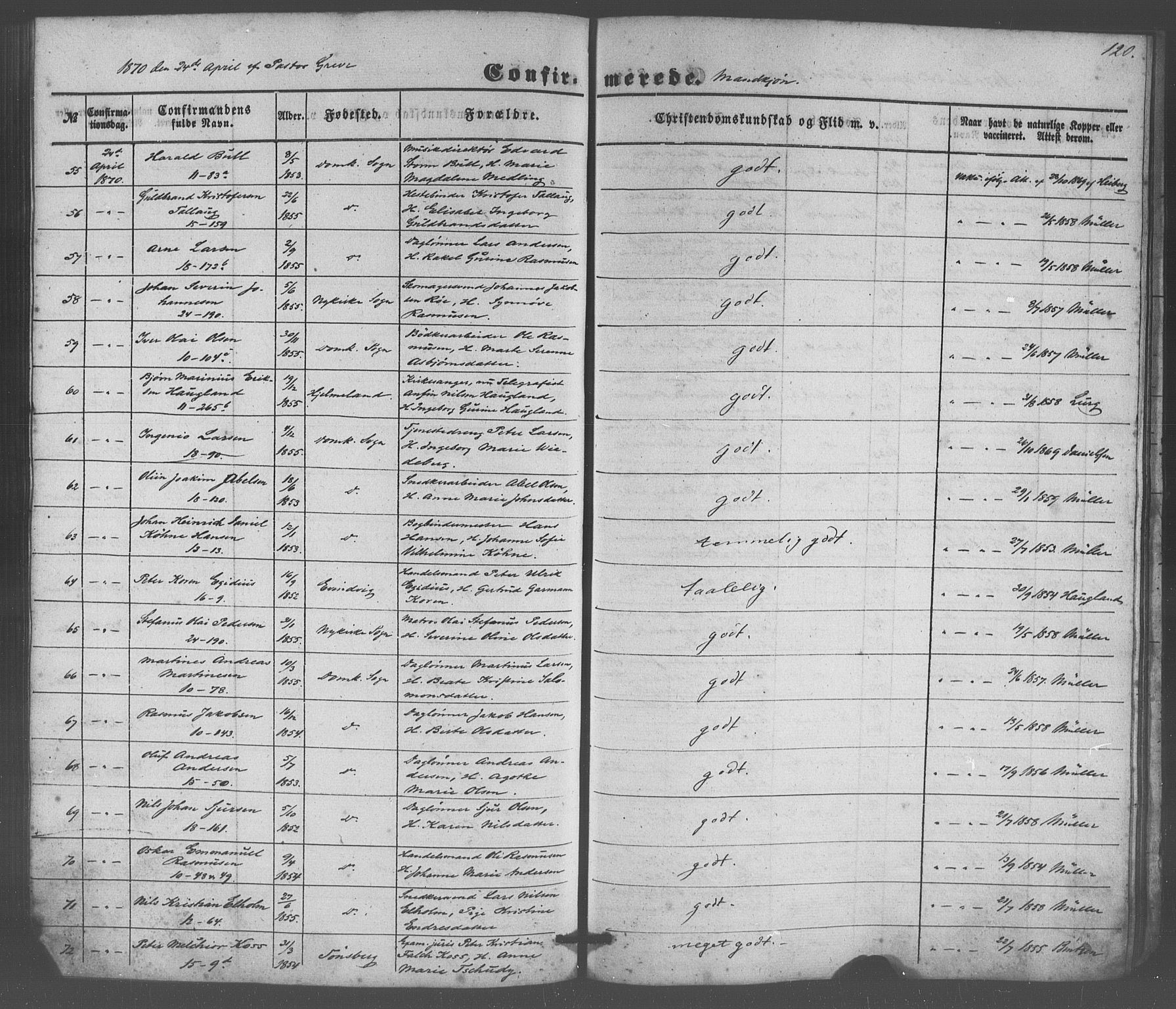 Domkirken sokneprestembete, SAB/A-74801/H/Haa/L0064: Curate's parish register no. A 2, 1850-1872, p. 120