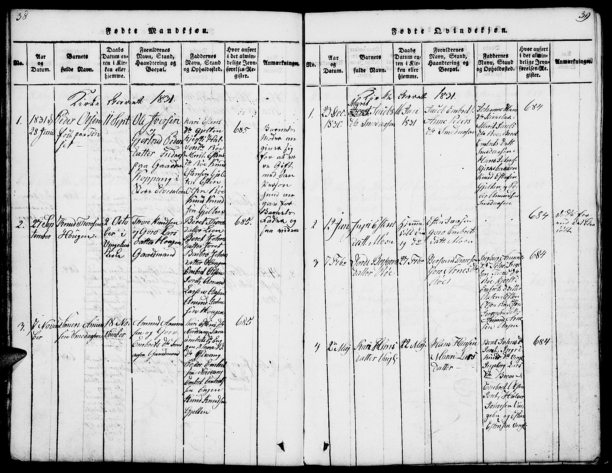Tolga prestekontor, SAH/PREST-062/L/L0003: Parish register (copy) no. 3, 1815-1862, p. 38-39