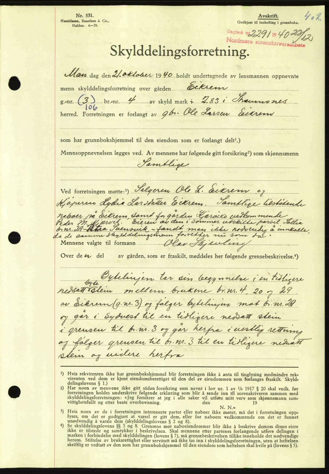 Nordmøre sorenskriveri, SAT/A-4132/1/2/2Ca: Mortgage book no. A89, 1940-1941, Diary no: : 2291/1940