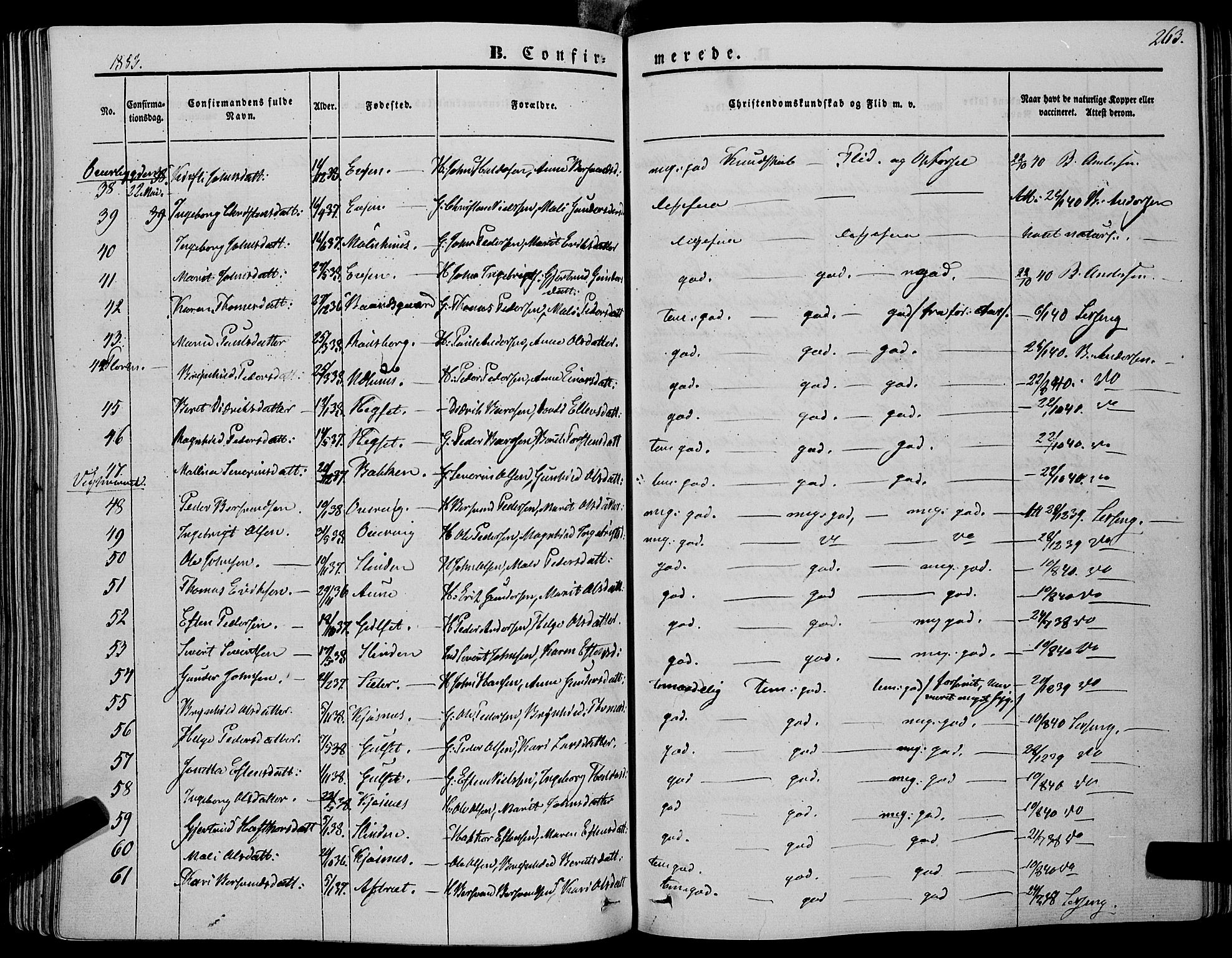 Ministerialprotokoller, klokkerbøker og fødselsregistre - Sør-Trøndelag, AV/SAT-A-1456/695/L1145: Parish register (official) no. 695A06 /1, 1843-1859, p. 263