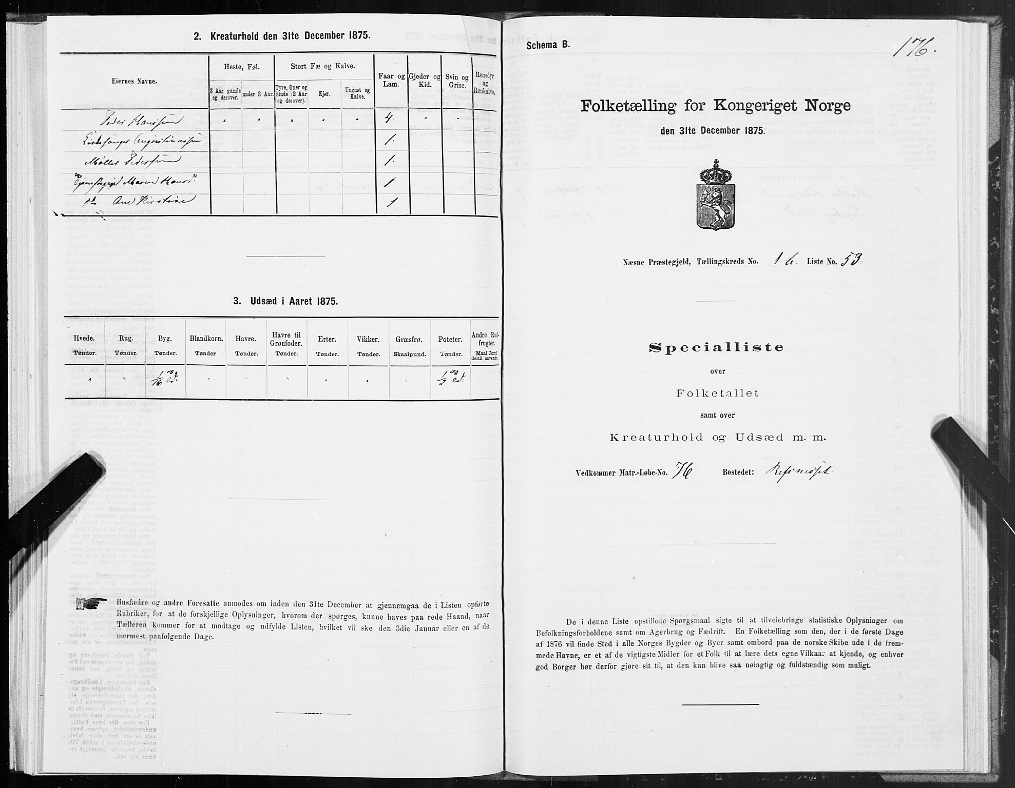 SAT, 1875 census for 1828P Nesna, 1875, p. 1176