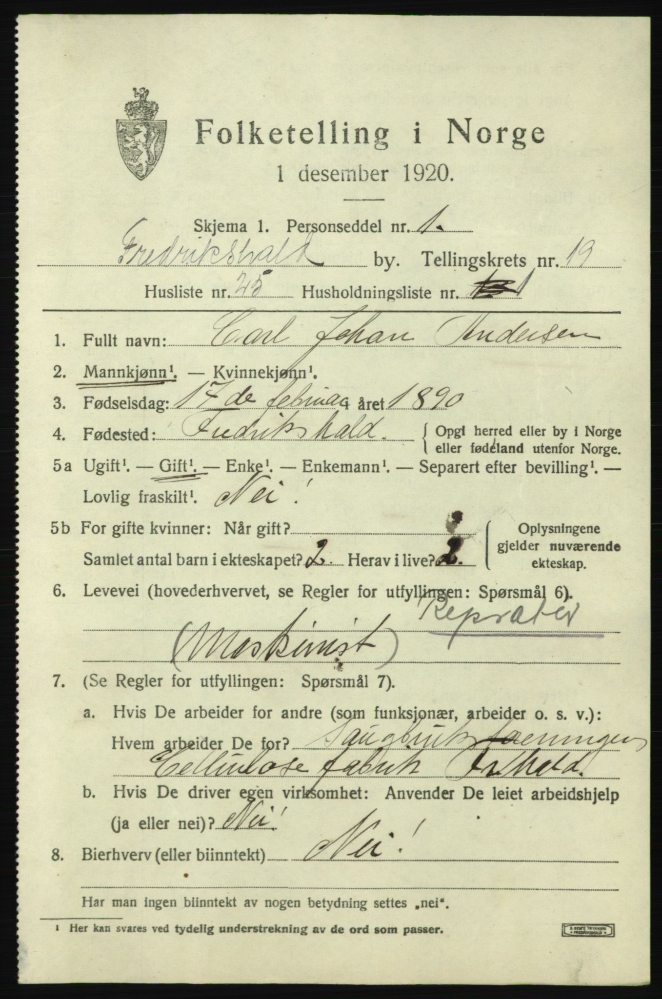 SAO, 1920 census for Fredrikshald, 1920, p. 28850