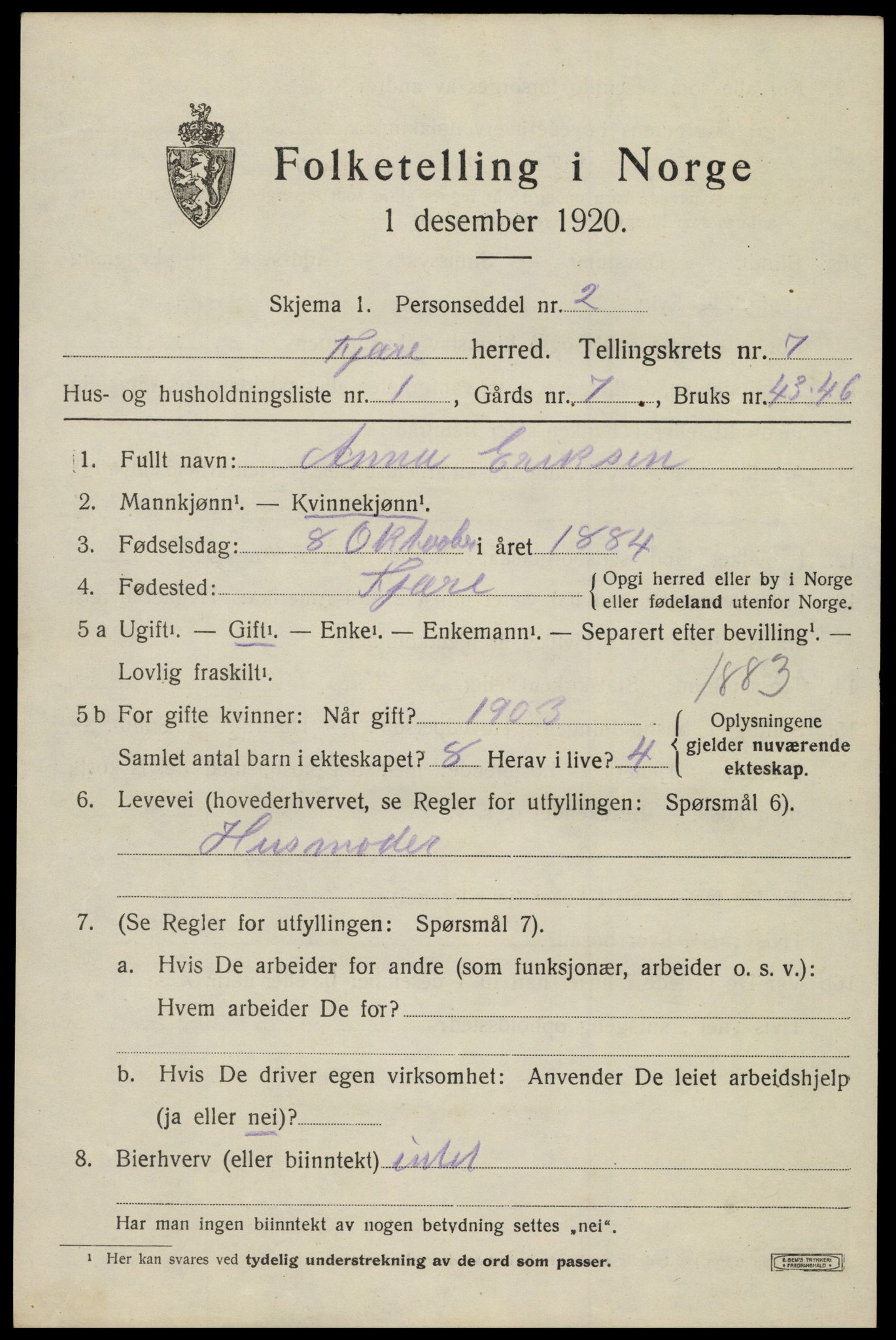 SAK, 1920 census for Fjære, 1920, p. 8543