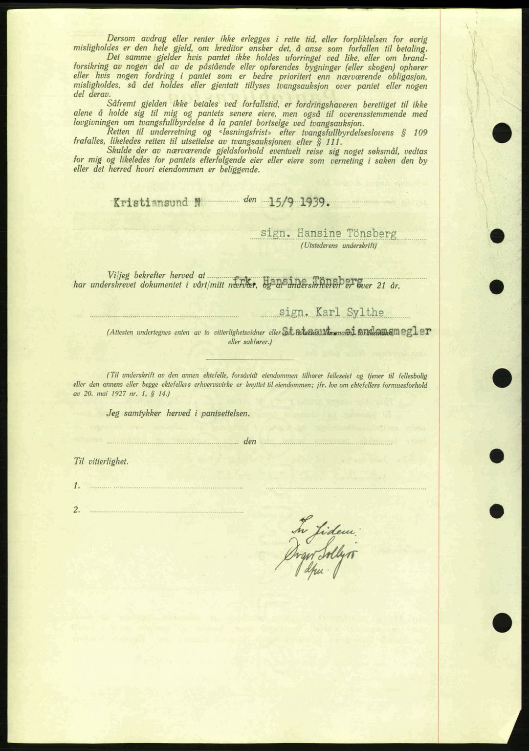Kristiansund byfogd, SAT/A-4587/A/27: Mortgage book no. 31, 1938-1939, Diary no: : 739/1939