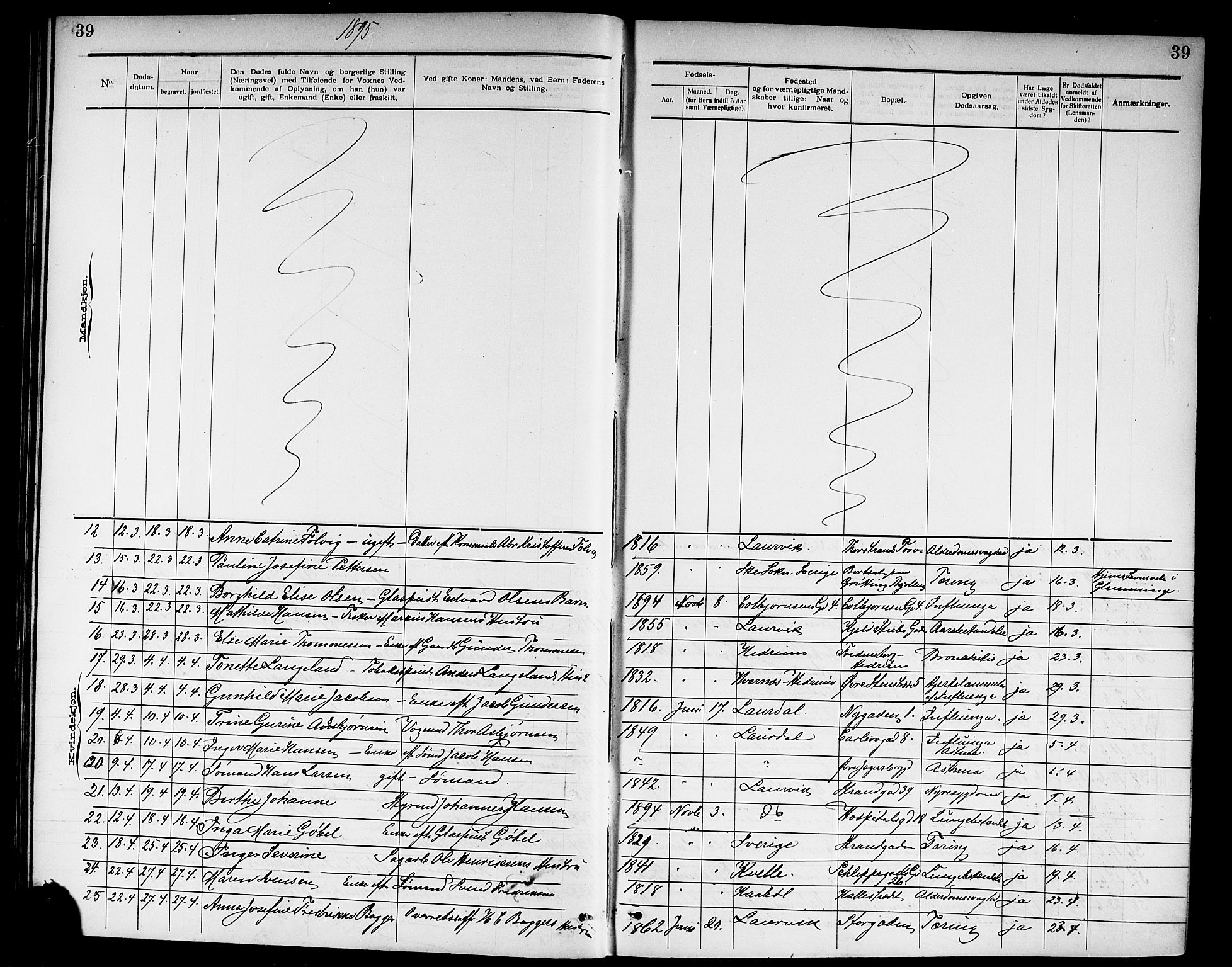 Larvik kirkebøker, AV/SAKO-A-352/G/Ga/L0007: Parish register (copy) no. I 7, 1888-1918, p. 39