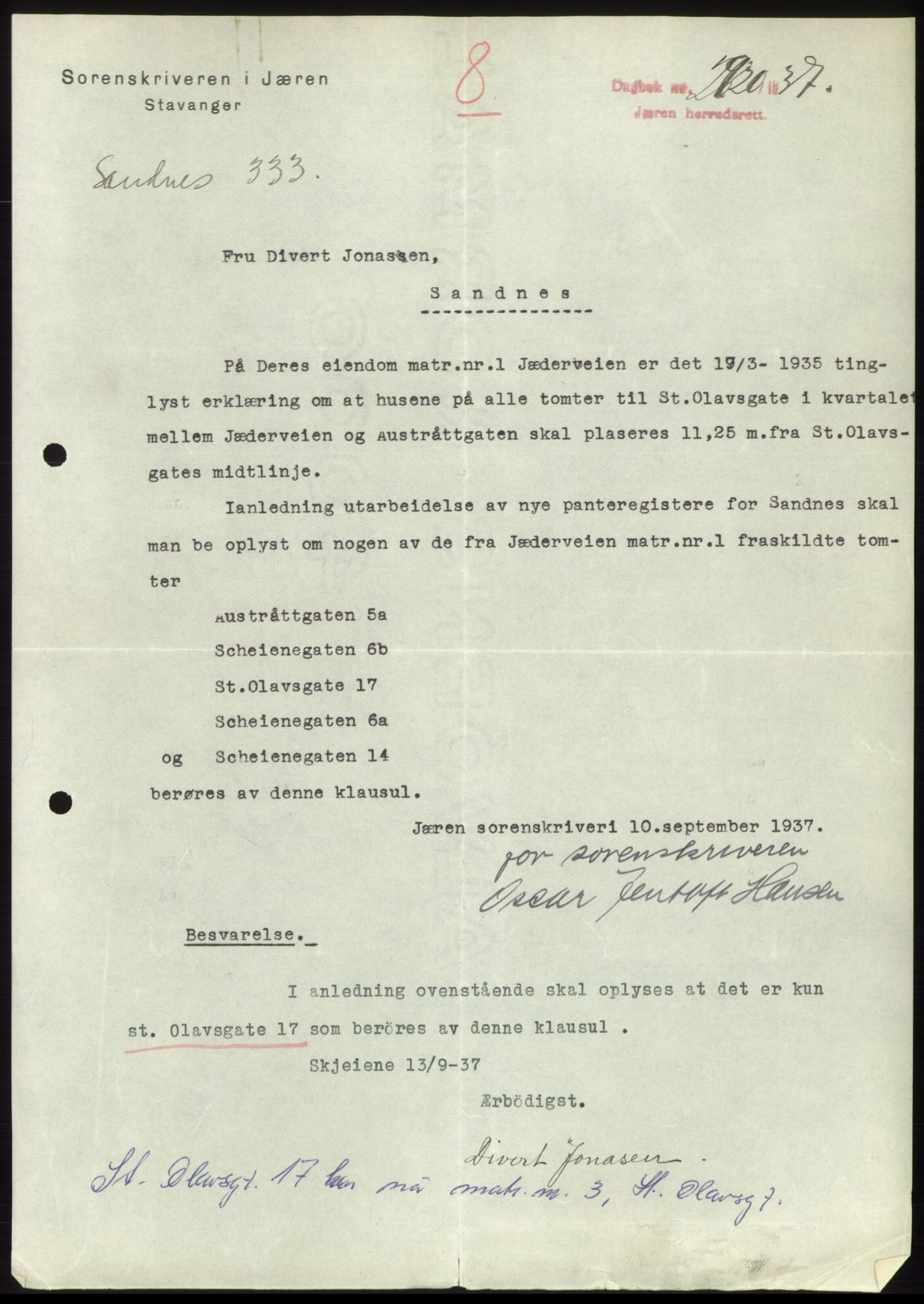 Jæren sorenskriveri, SAST/A-100310/03/G/Gba/L0069: Mortgage book, 1937-1937, Diary no: : 2920/1937