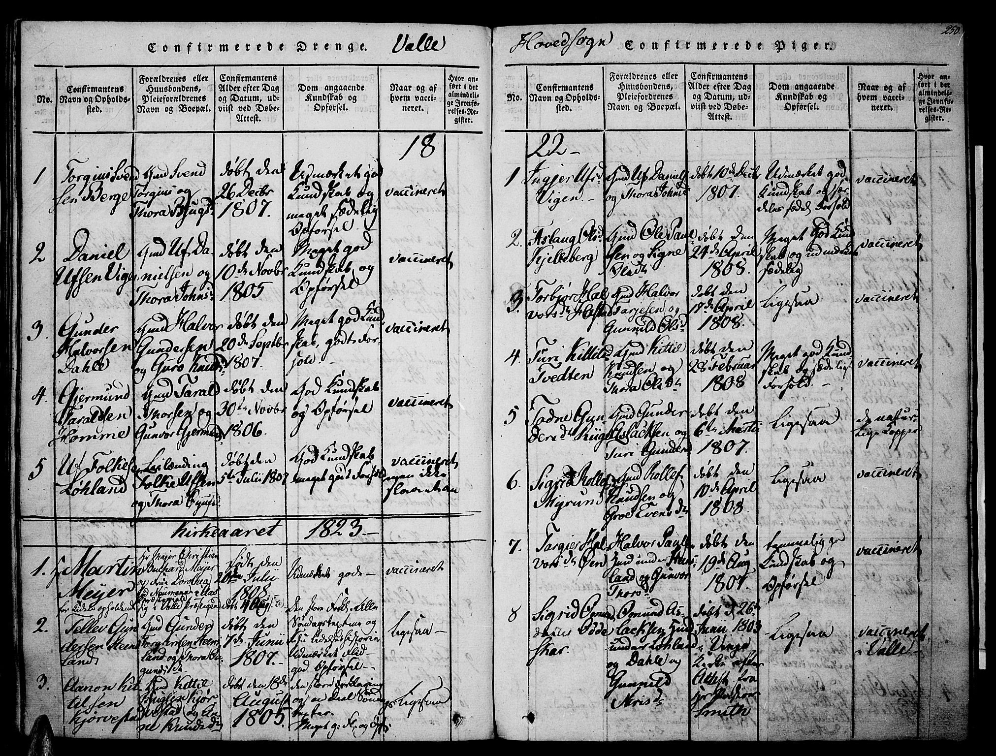 Valle sokneprestkontor, SAK/1111-0044/F/Fa/Fac/L0005: Parish register (official) no. A 5 /1, 1816-1831, p. 250