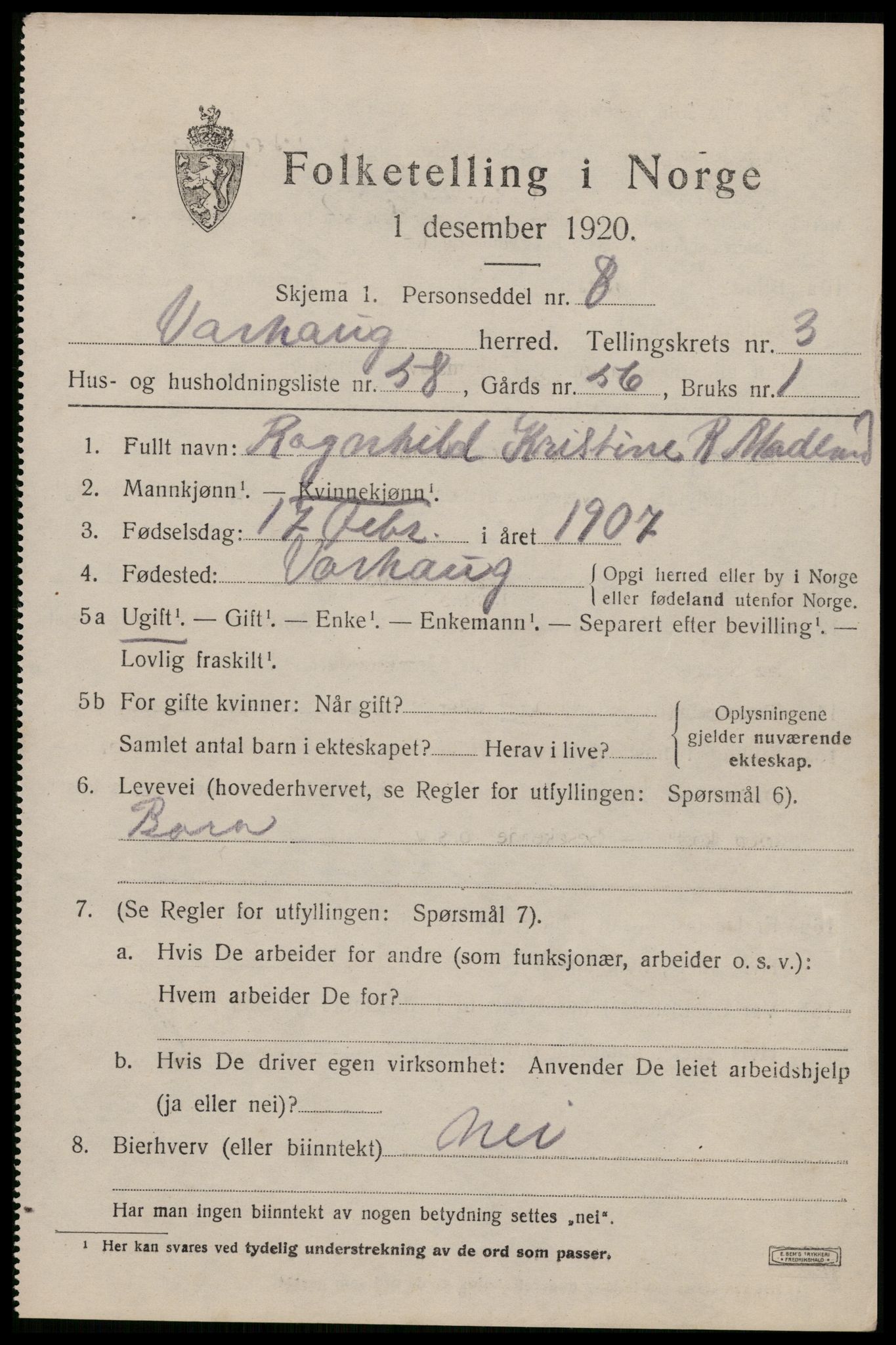 SAST, 1920 census for Varhaug, 1920, p. 3613