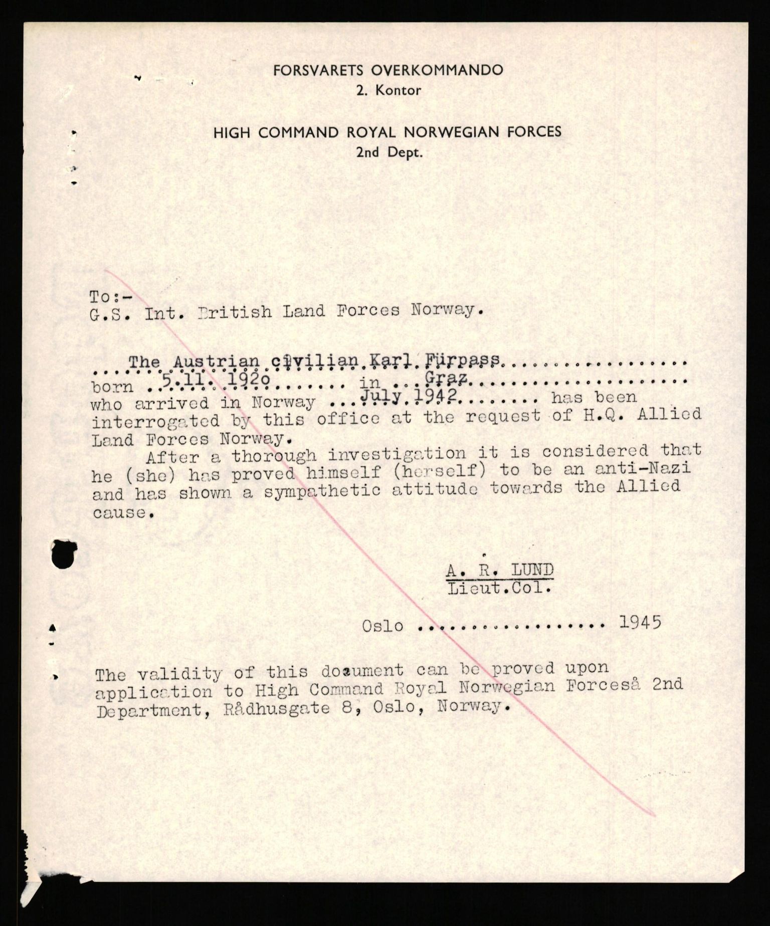 Forsvaret, Forsvarets overkommando II, RA/RAFA-3915/D/Db/L0038: CI Questionaires. Tyske okkupasjonsstyrker i Norge. Østerrikere., 1945-1946, p. 346