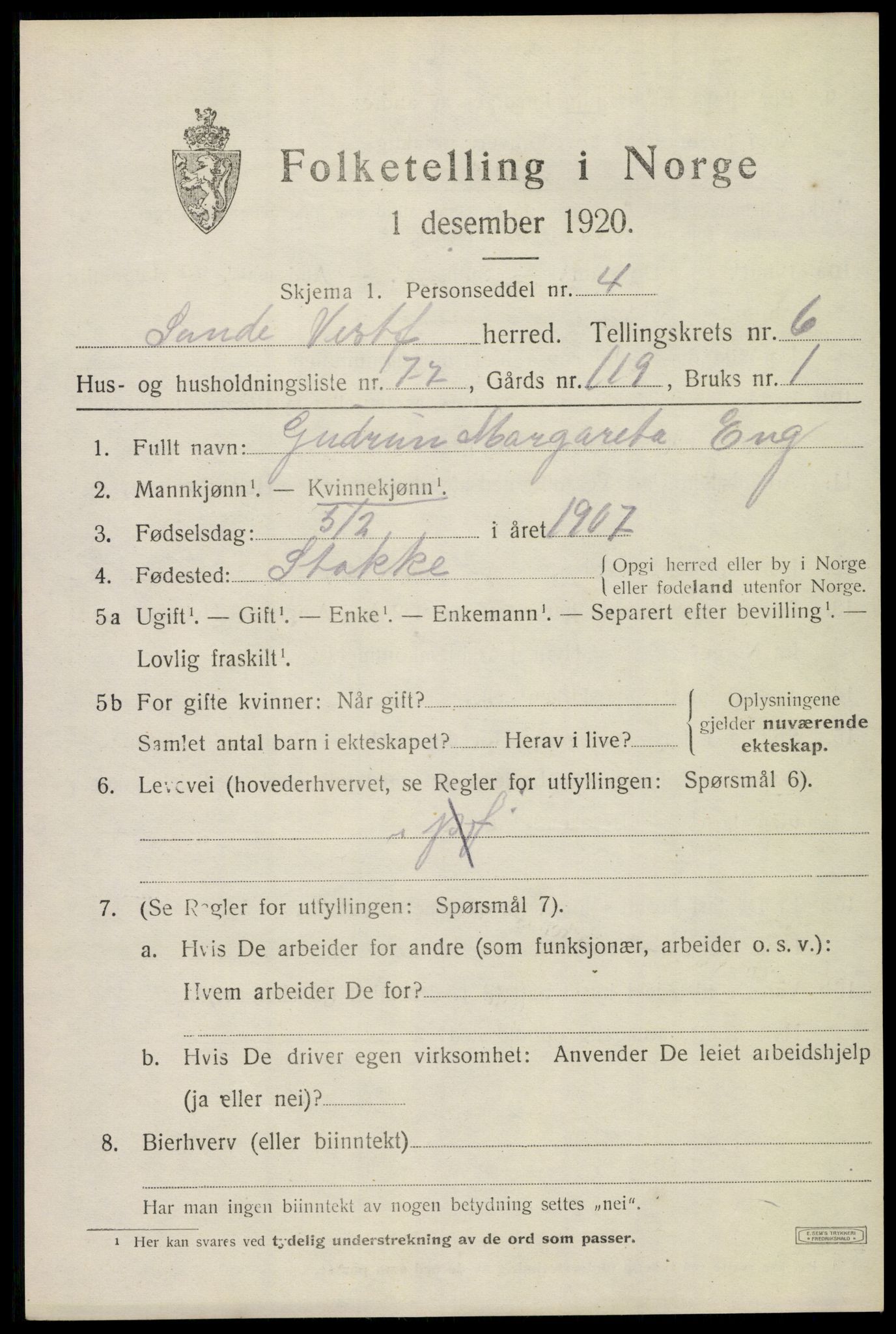 SAKO, 1920 census for Sande, 1920, p. 8062