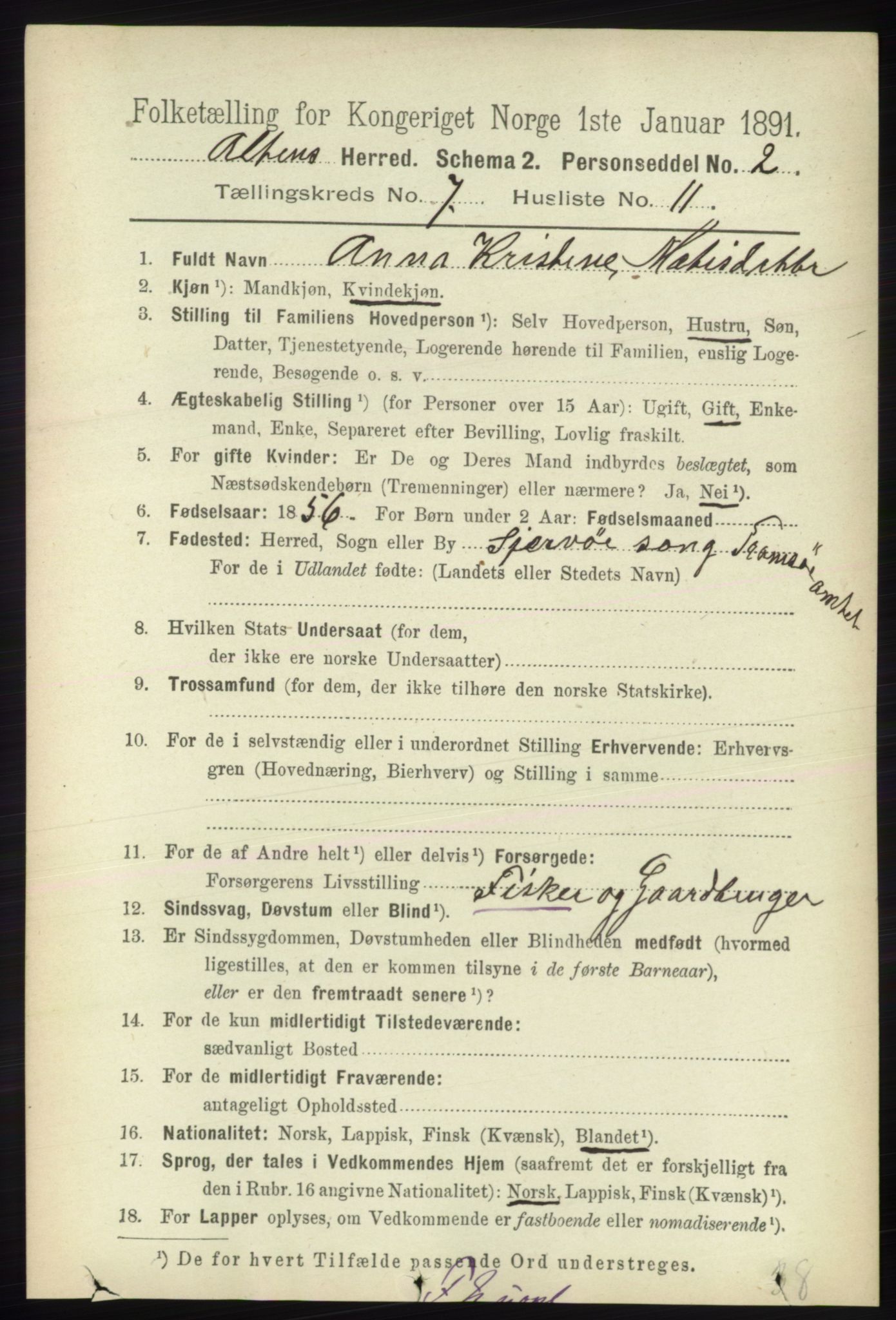 RA, 1891 census for 2012 Alta, 1891, p. 2161