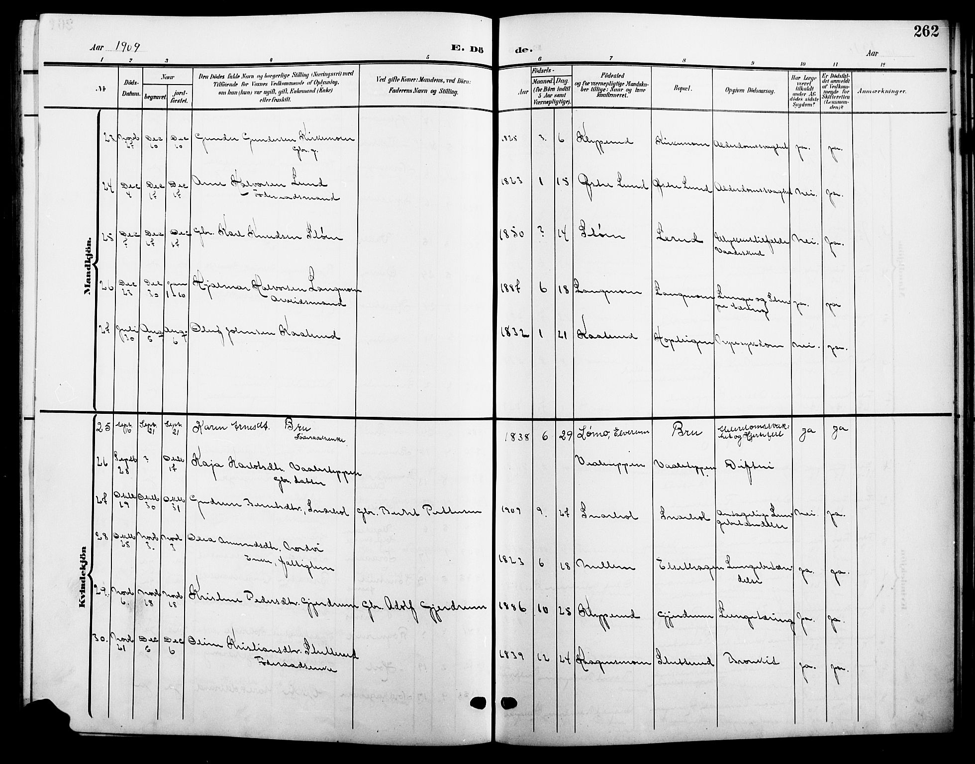 Våler prestekontor, Hedmark, AV/SAH-PREST-040/H/Ha/Hab/L0002: Parish register (copy) no. 2, 1905-1915, p. 262