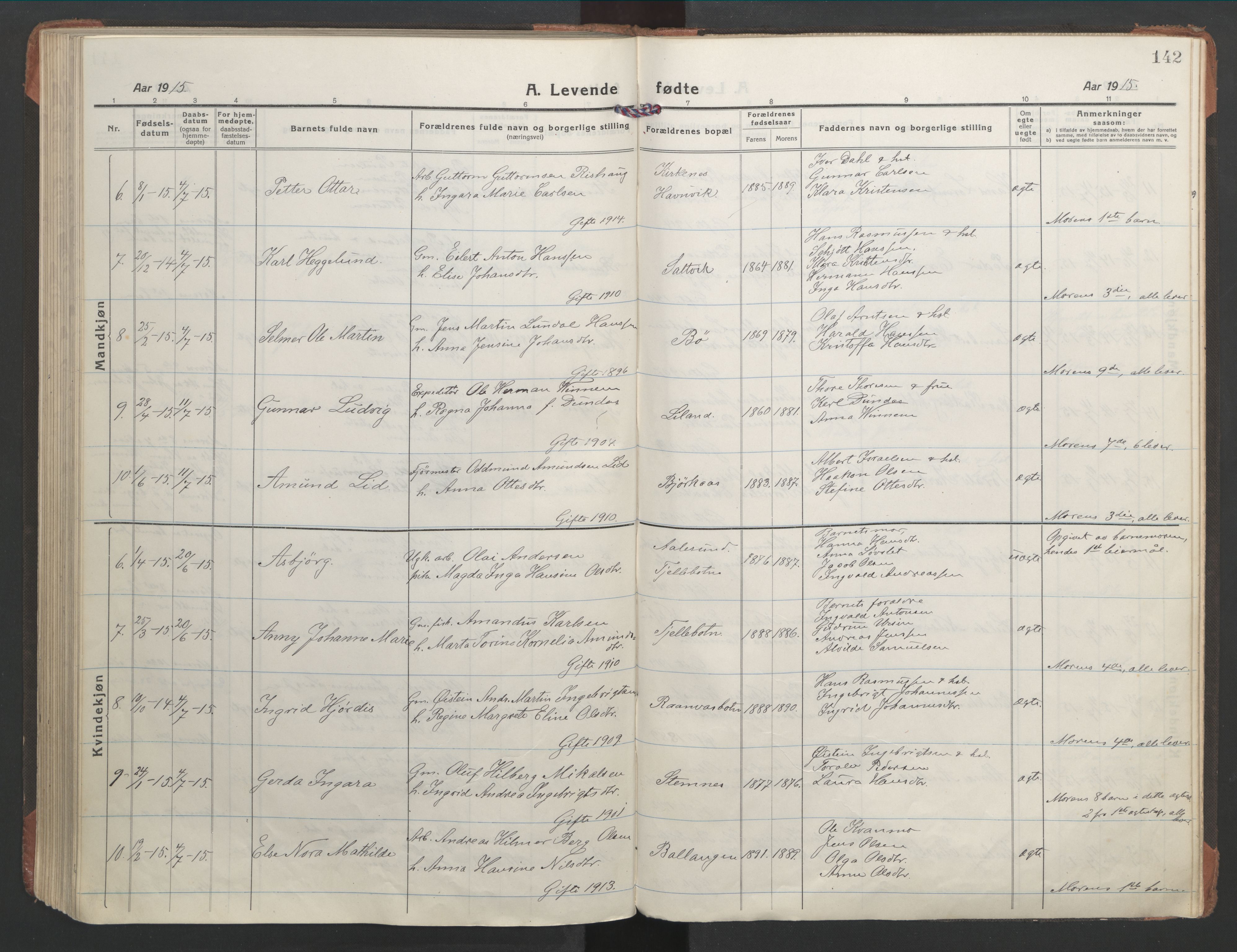 Ministerialprotokoller, klokkerbøker og fødselsregistre - Nordland, AV/SAT-A-1459/863/L0900: Parish register (official) no. 863A12, 1906-1915, p. 142