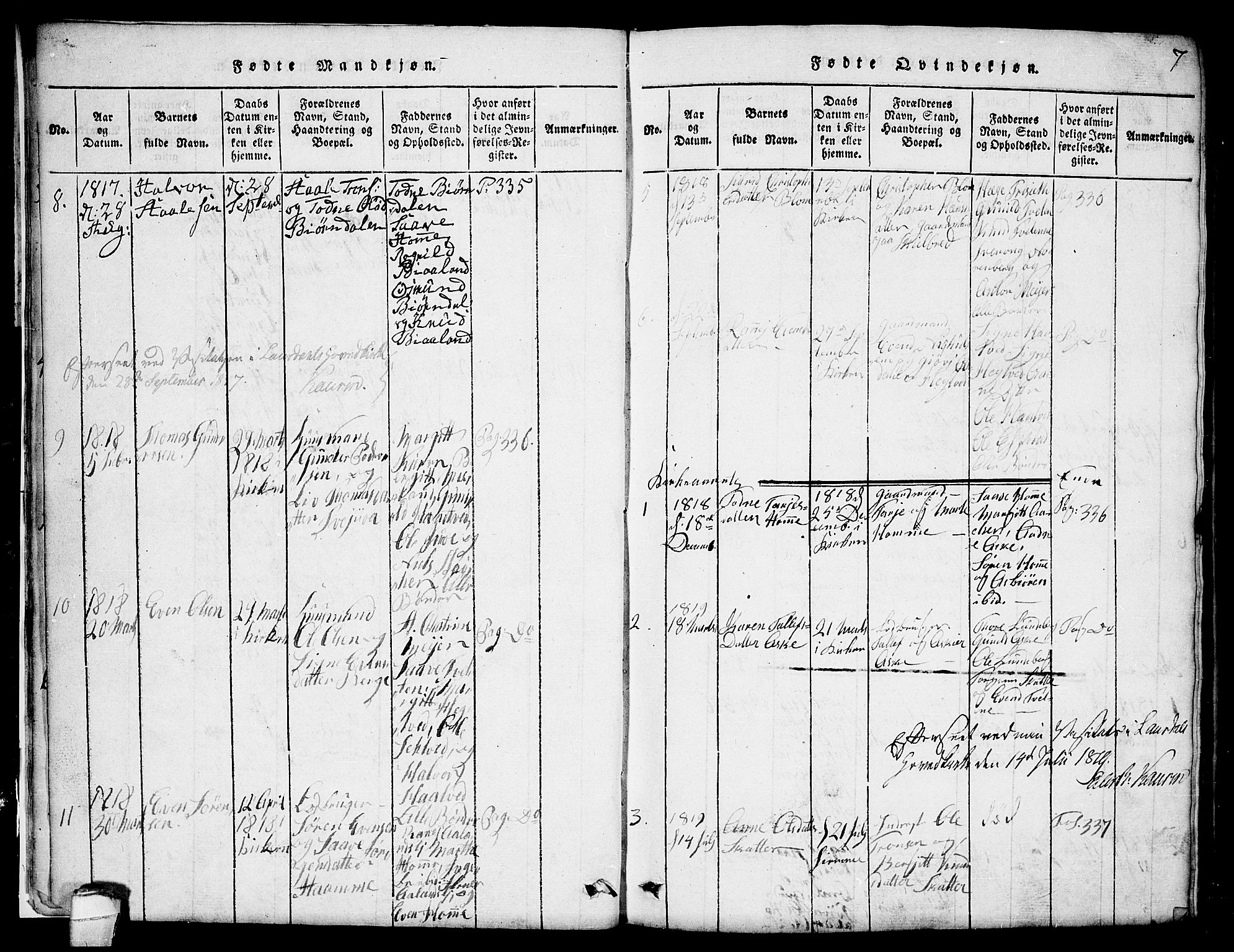 Lårdal kirkebøker, SAKO/A-284/G/Ga/L0001: Parish register (copy) no. I 1, 1815-1861, p. 7
