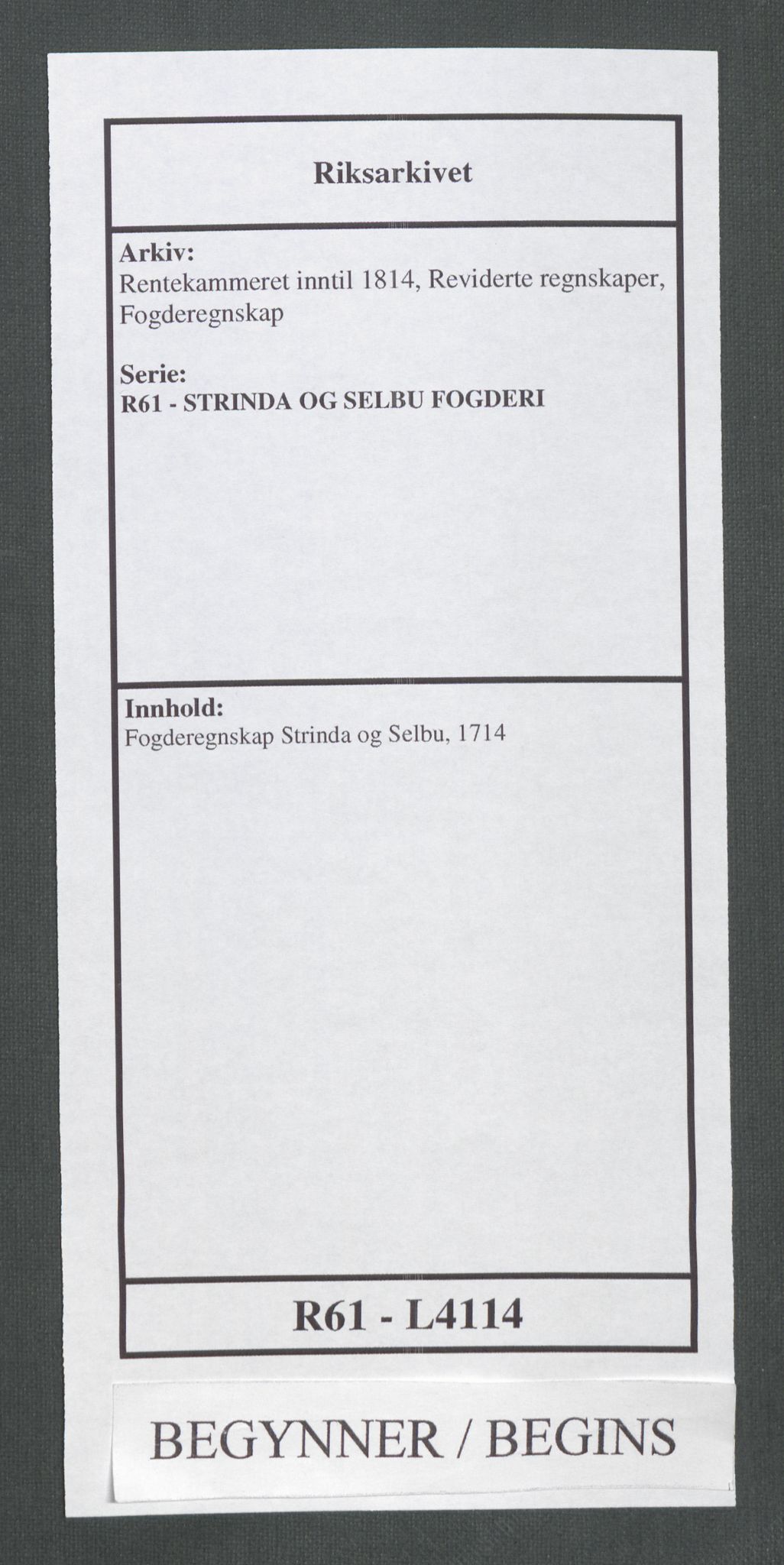 Rentekammeret inntil 1814, Reviderte regnskaper, Fogderegnskap, AV/RA-EA-4092/R61/L4114: Fogderegnskap Strinda og Selbu, 1714, p. 1