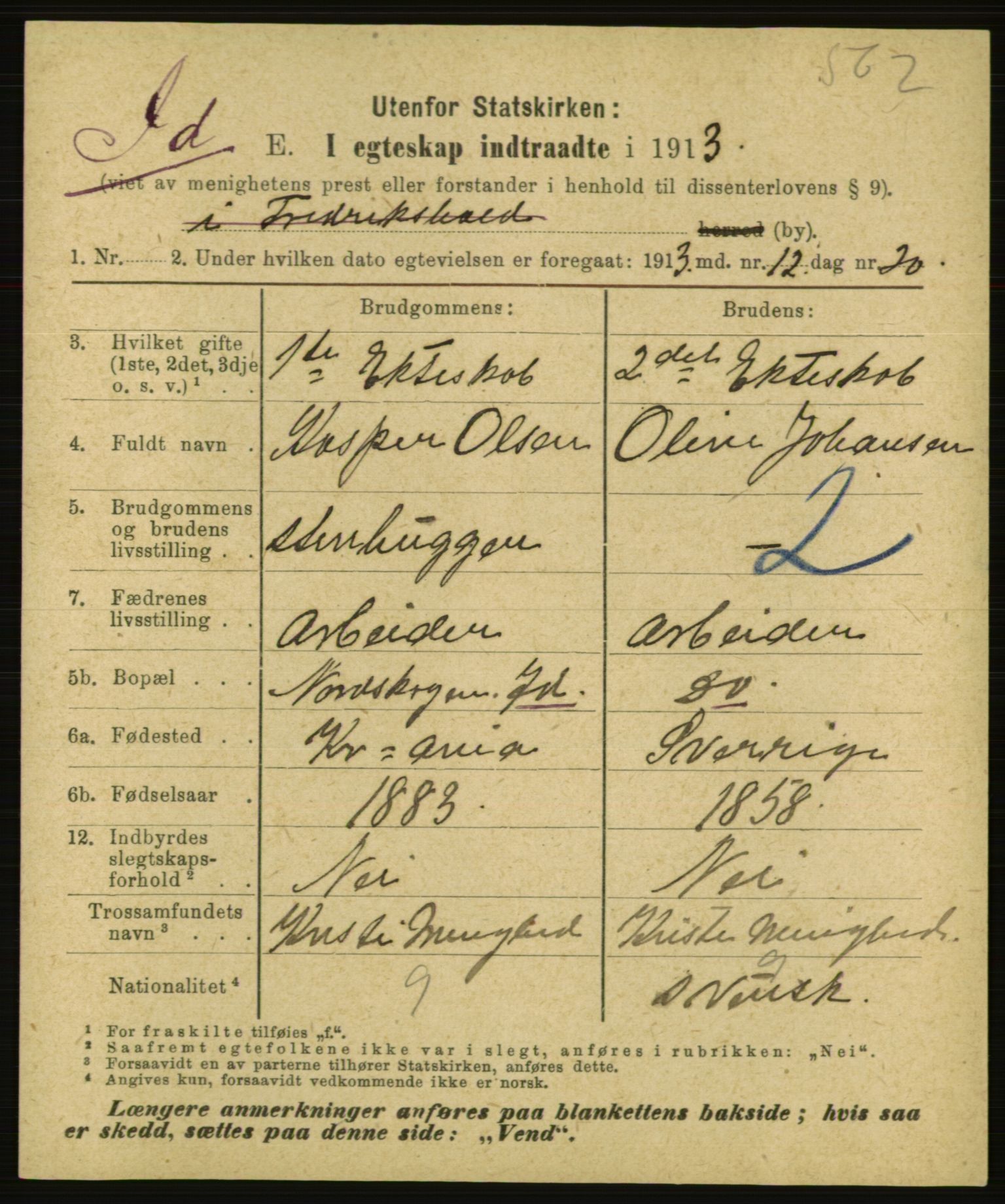 Statistisk sentralbyrå, Sosiodemografiske emner, Befolkning, AV/RA-S-2228/E/L0011: Fødte, gifte, døde dissentere., 1913, p. 1619