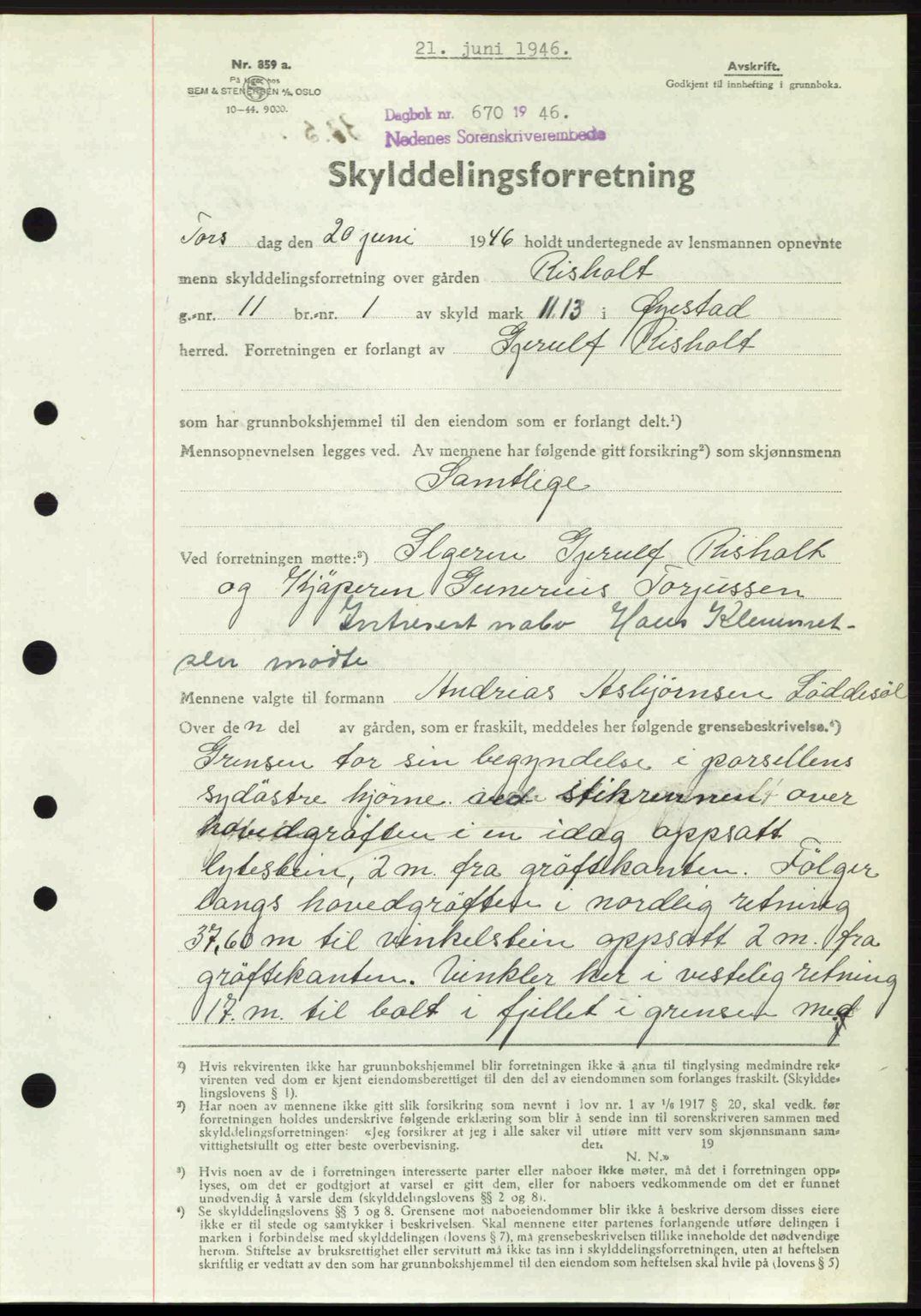 Nedenes sorenskriveri, AV/SAK-1221-0006/G/Gb/Gba/L0055: Mortgage book no. A7, 1946-1946, Diary no: : 670/1946