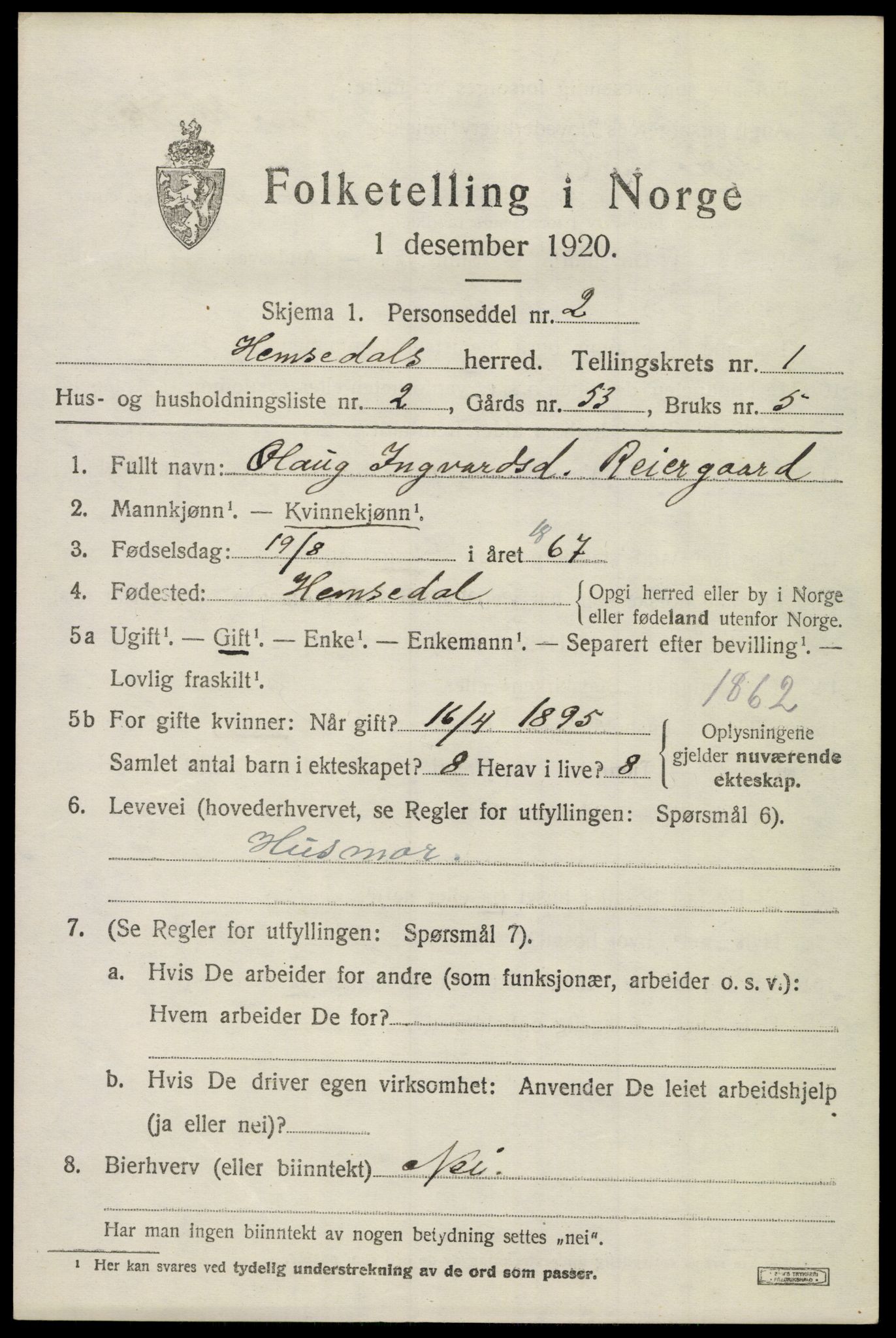 SAKO, 1920 census for Hemsedal, 1920, p. 552