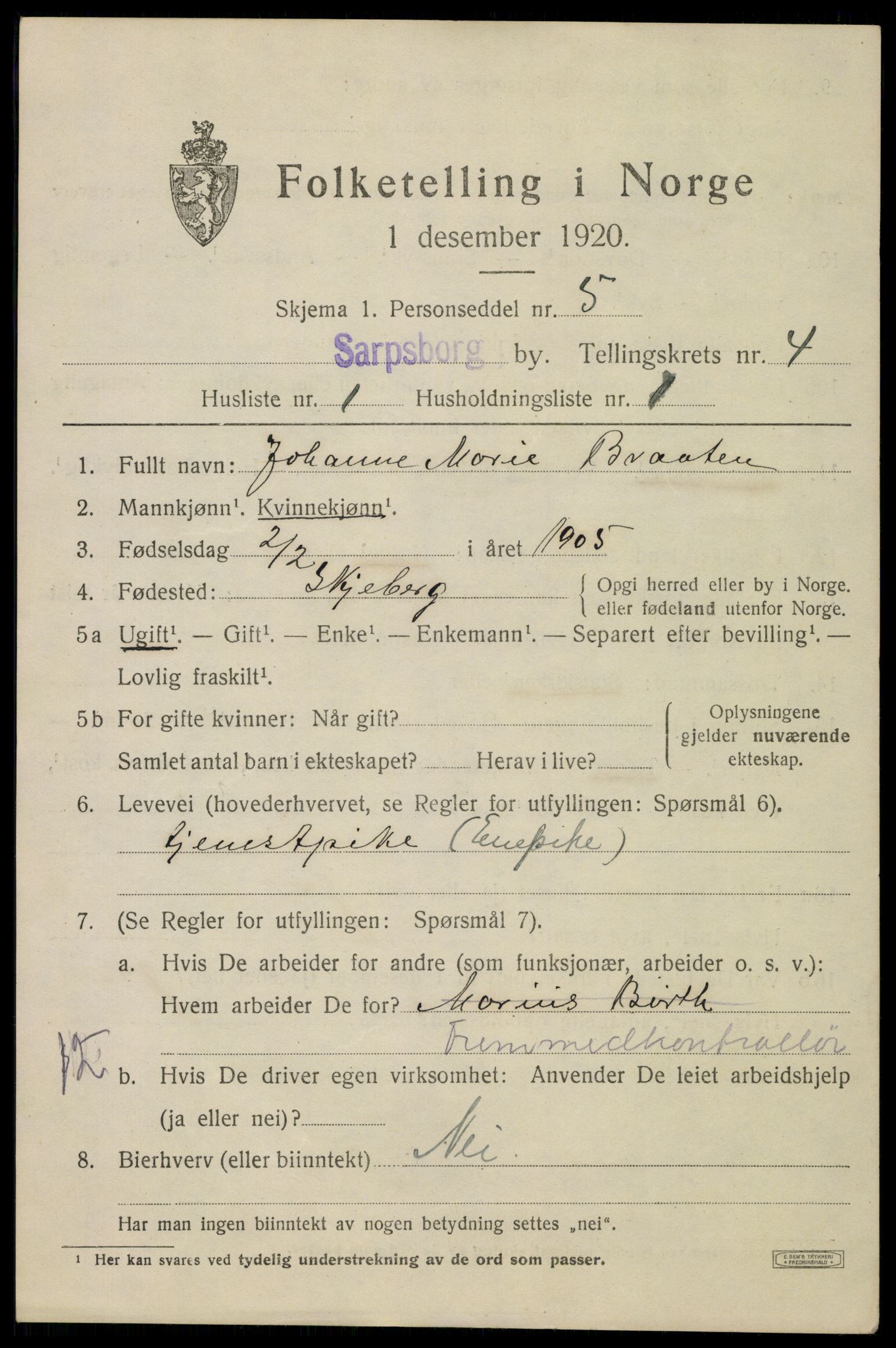 SAO, 1920 census for Sarpsborg, 1920, p. 11820