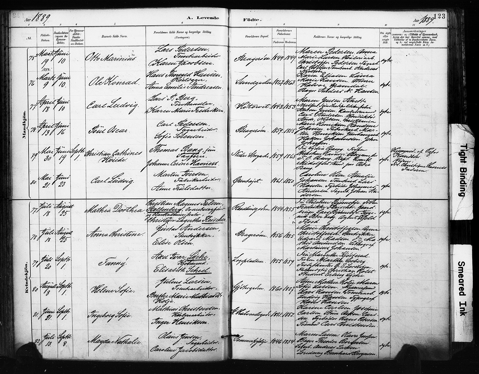 Bragernes kirkebøker, SAKO/A-6/F/Fb/L0007: Parish register (official) no. II 7, 1885-1893, p. 123